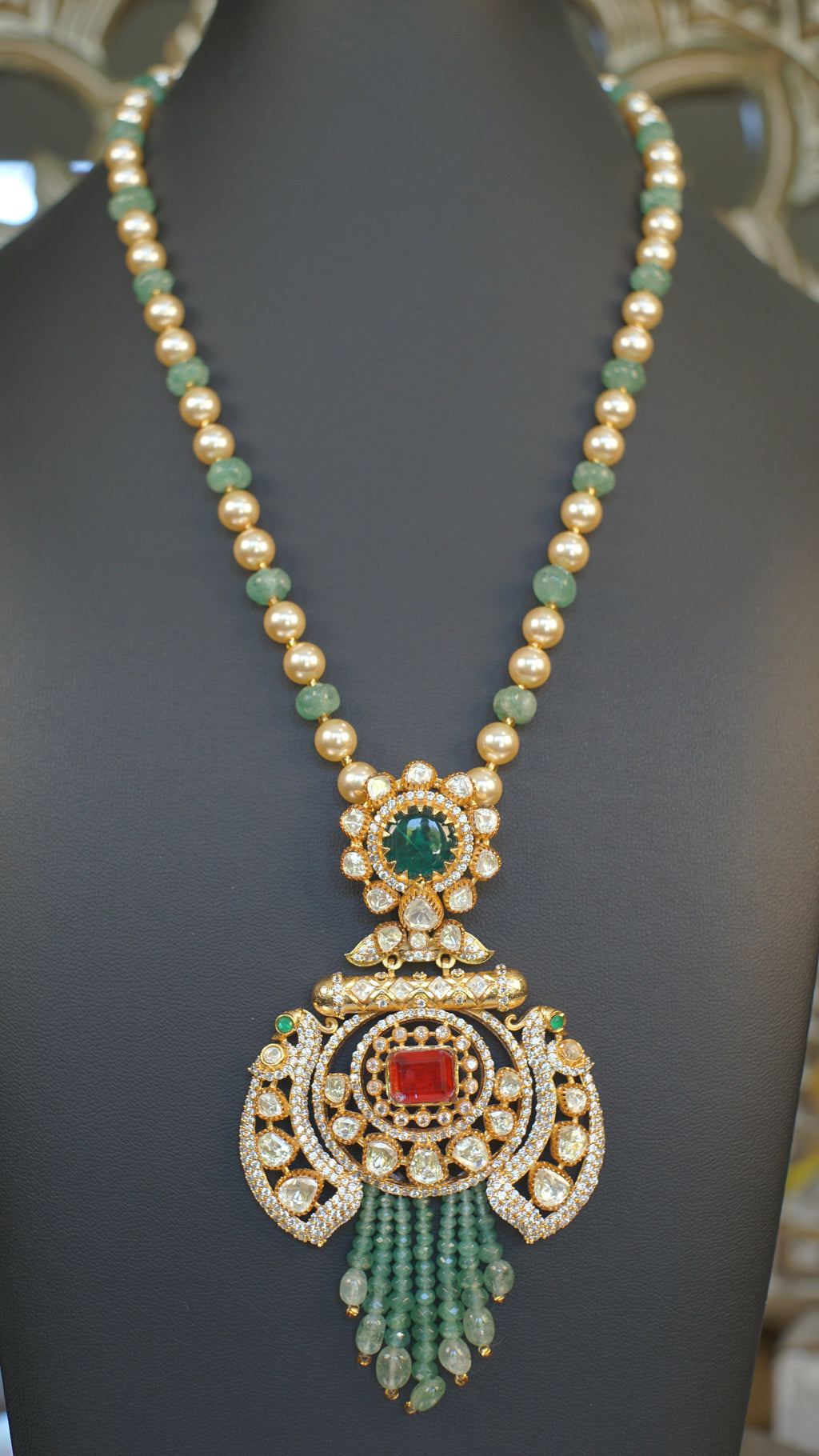 Emerald Green Moissanite Polki Bridal Necklace Set with Statement Earrings | Luxury Indian Wedding Jewelry
