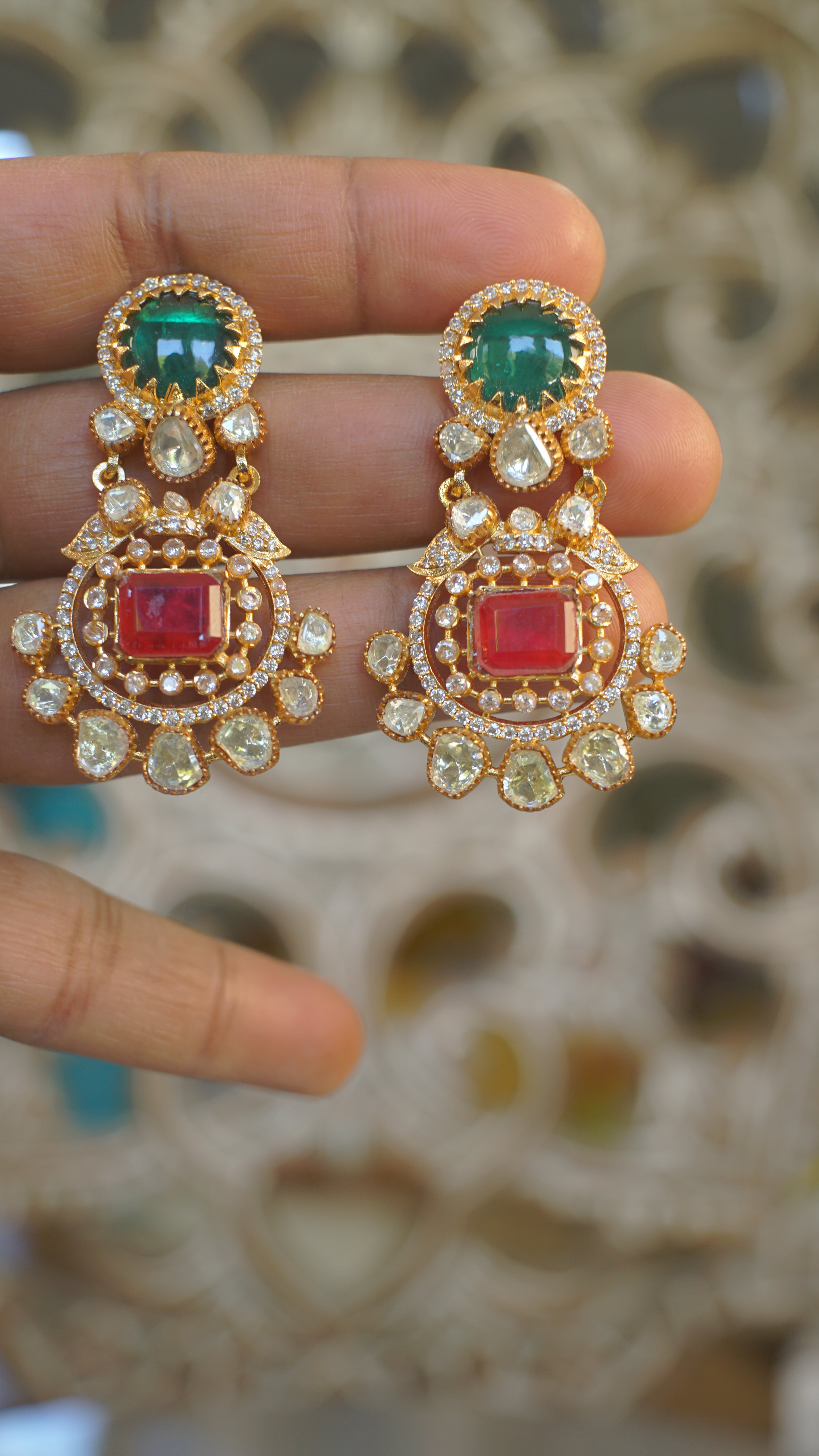 Emerald Green Moissanite Polki Bridal Necklace Set with Statement Earrings | Luxury Indian Wedding Jewelry
