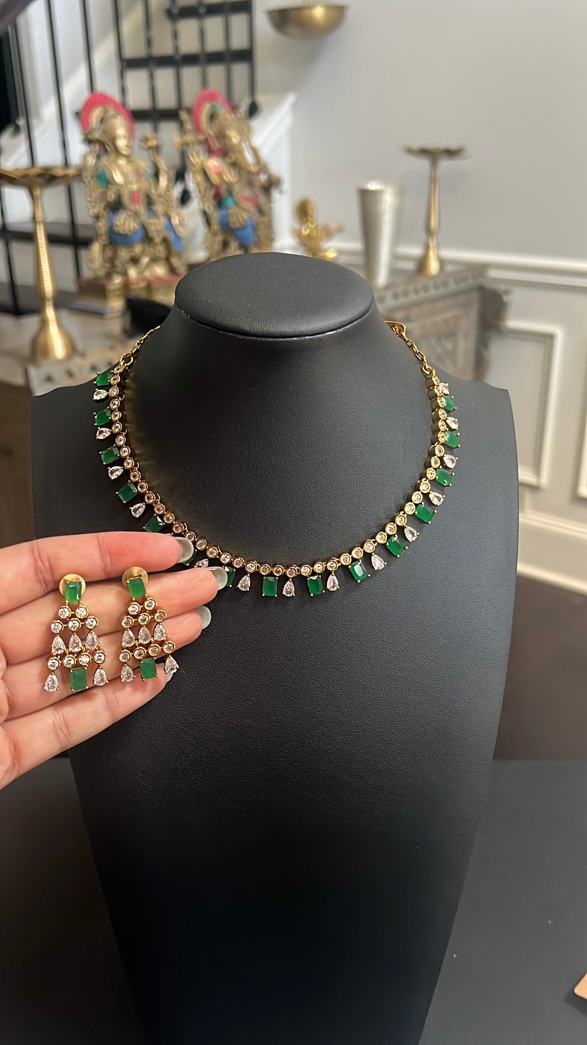 Emerald Green CZ Statement Necklace Set with Matching Earrings