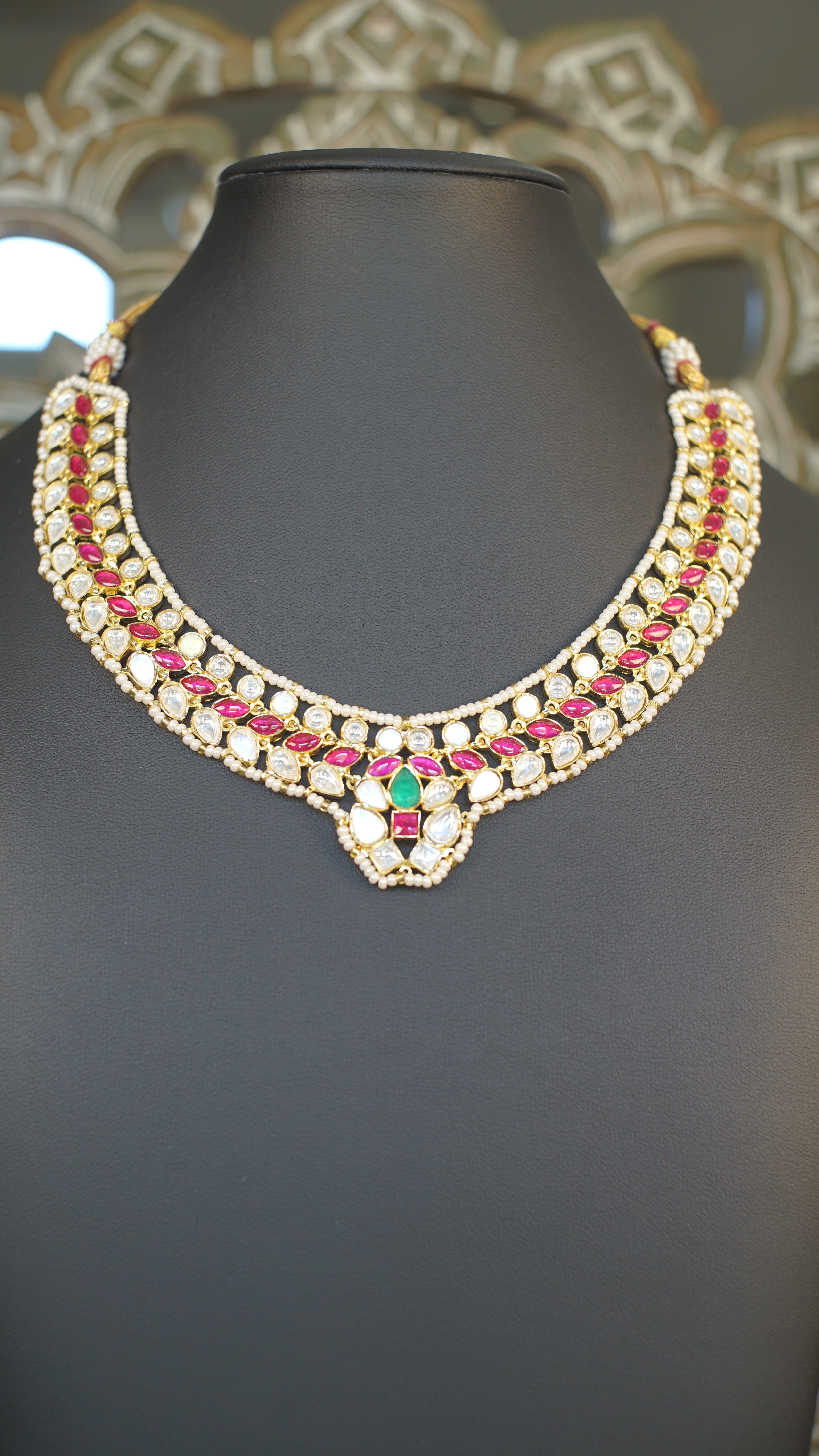 Premium Moissanite Polki Necklace Set – Ruby & Emerald Accents