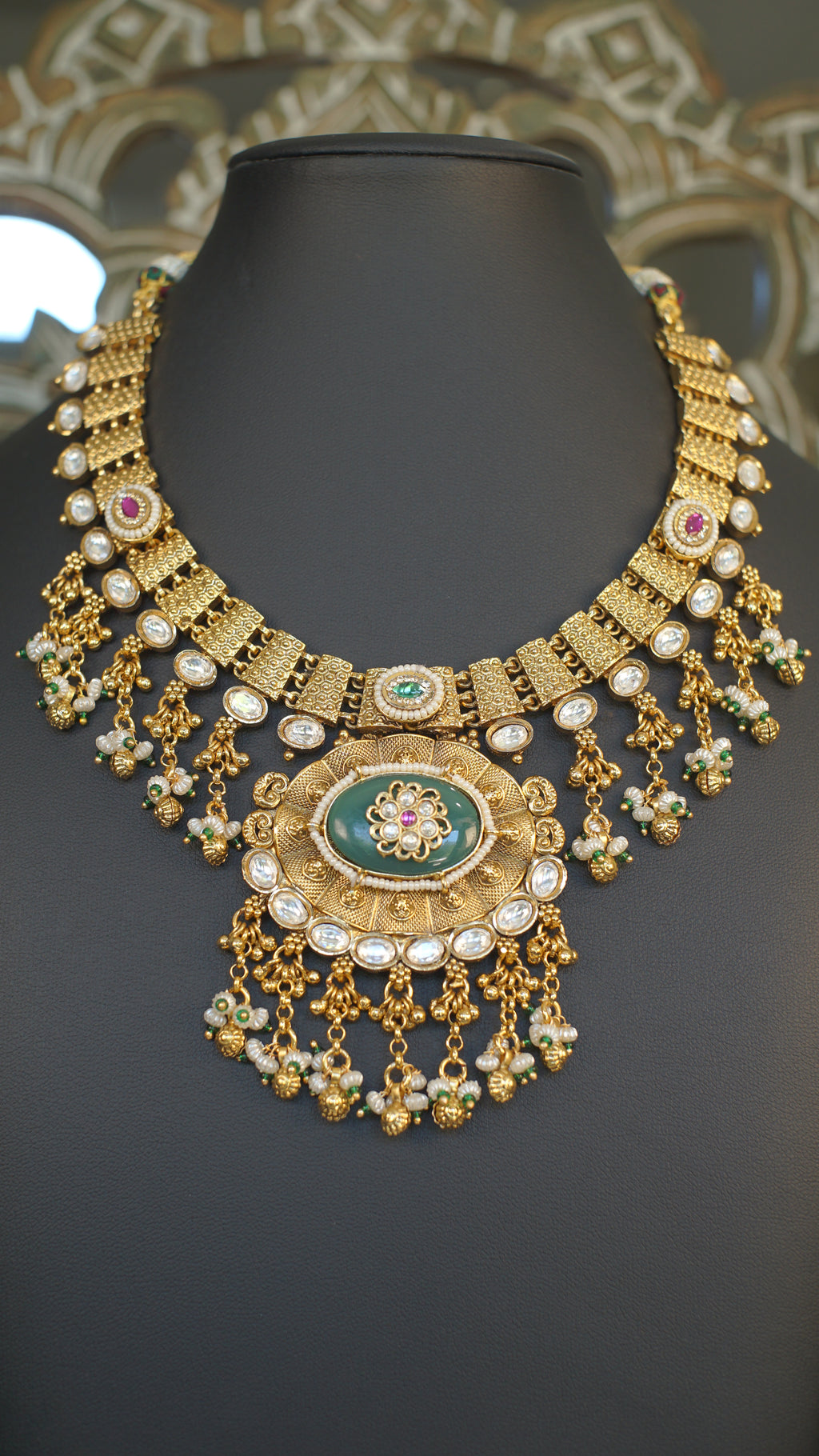 Antique Gold Green Stone Statement Necklace Set | Premium Temple Inspired Bridal Jewelry | Jhumka Earrings Included
