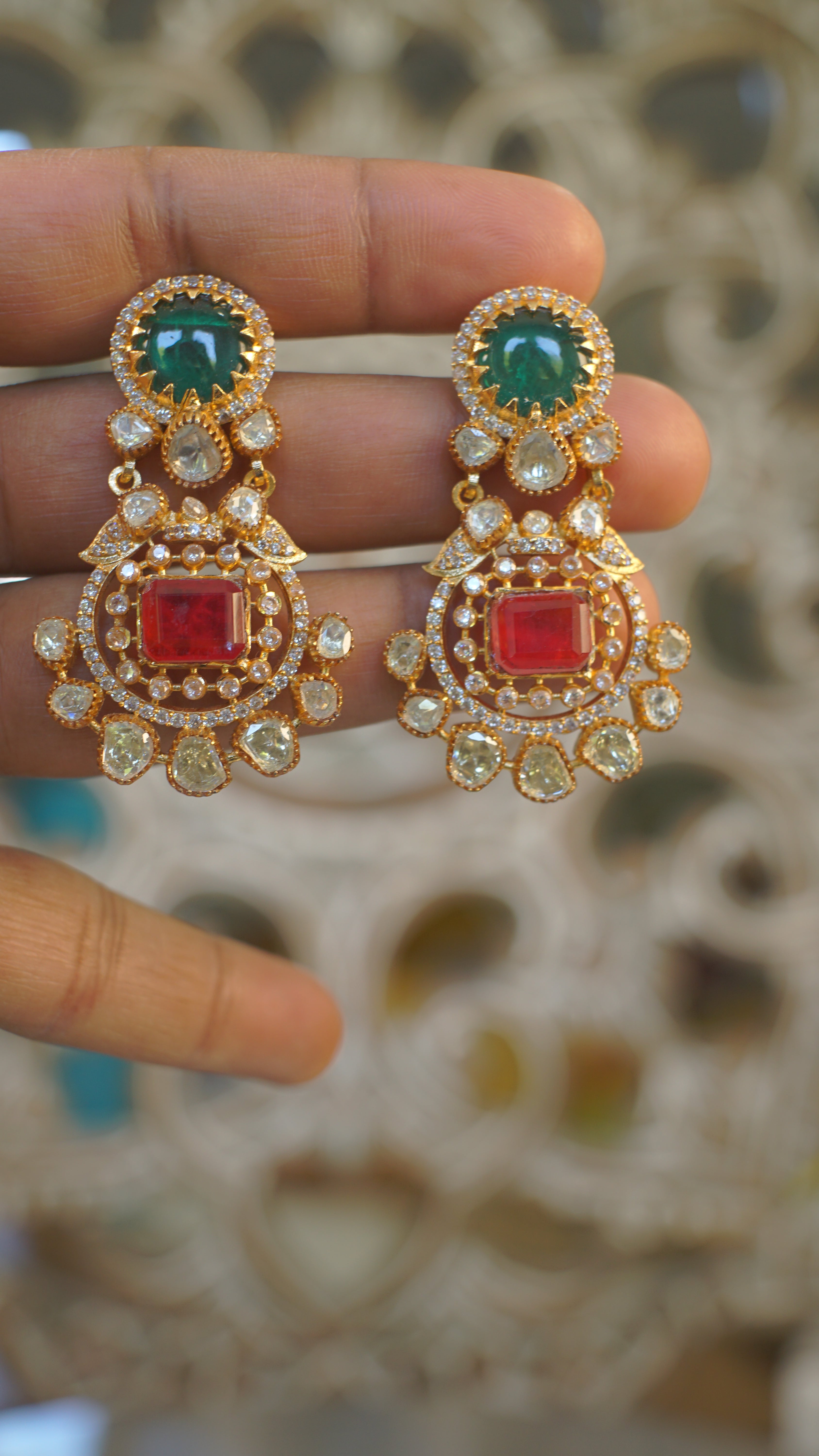 Emerald Green Moissanite Polki Bridal Necklace Set with Statement Earrings | Luxury Indian Wedding Jewelry