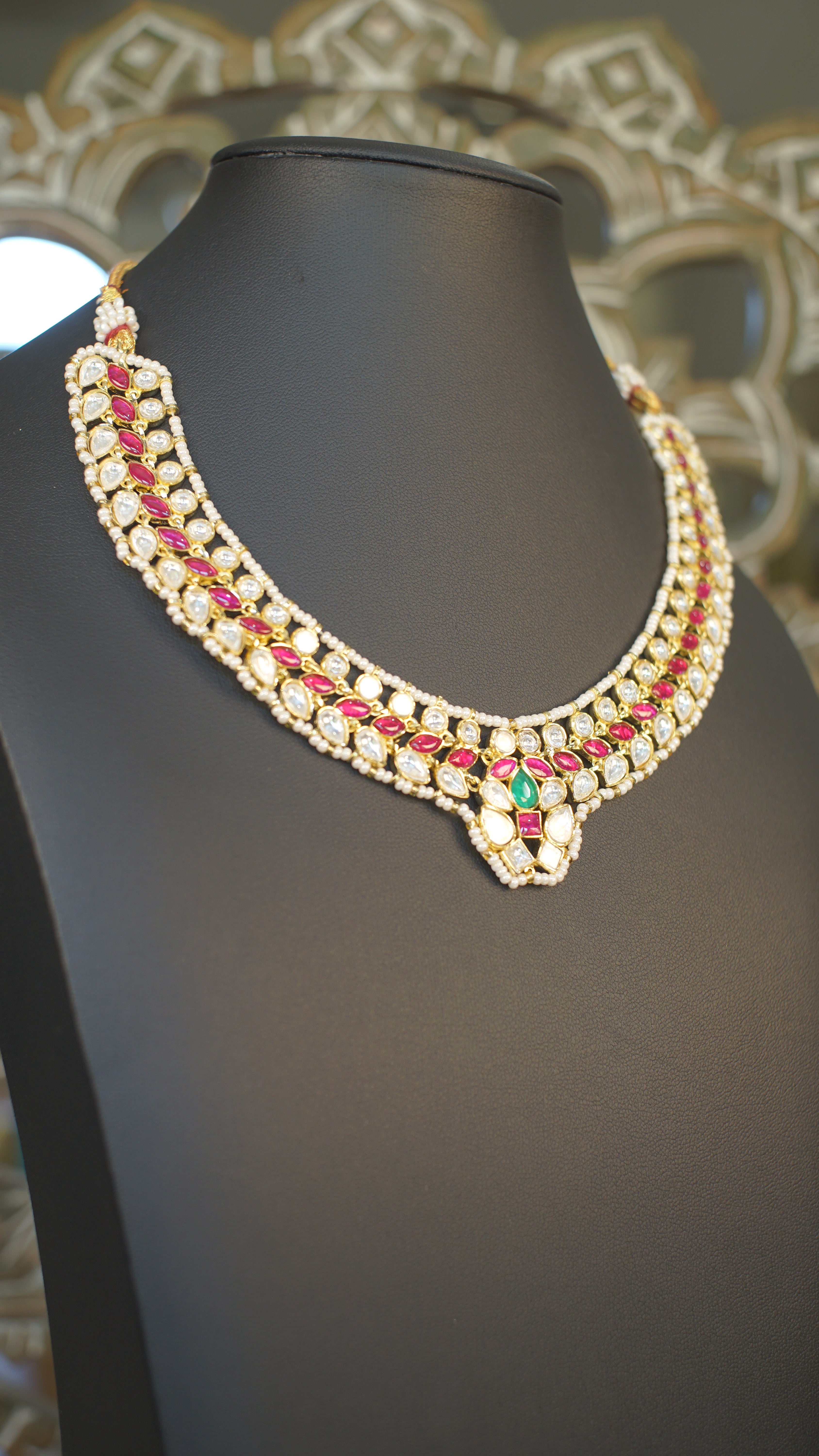 Premium Moissanite Polki Necklace Set – Ruby & Emerald Accents