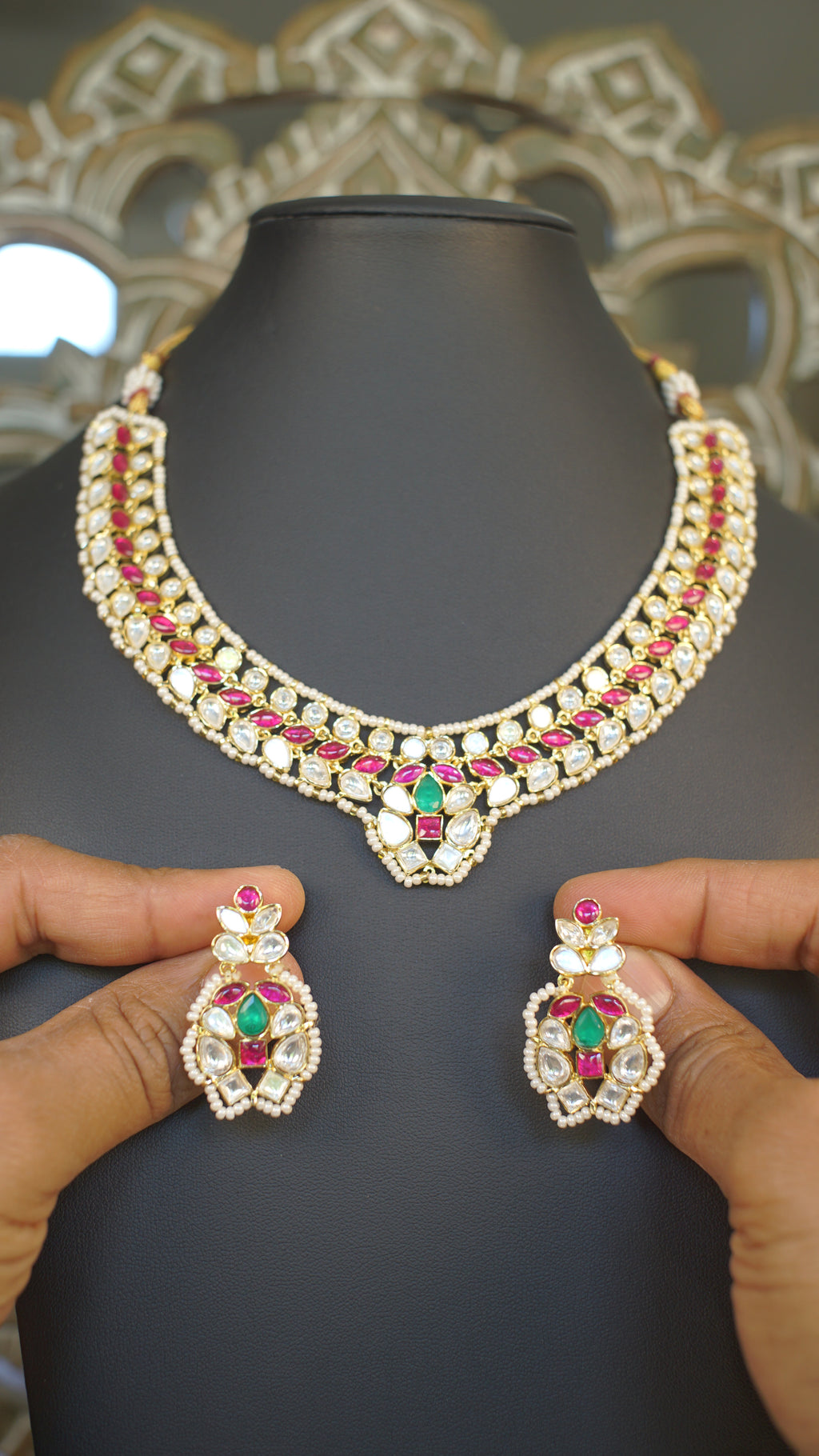 Premium Moissanite Polki Necklace Set – Ruby & Emerald Accents