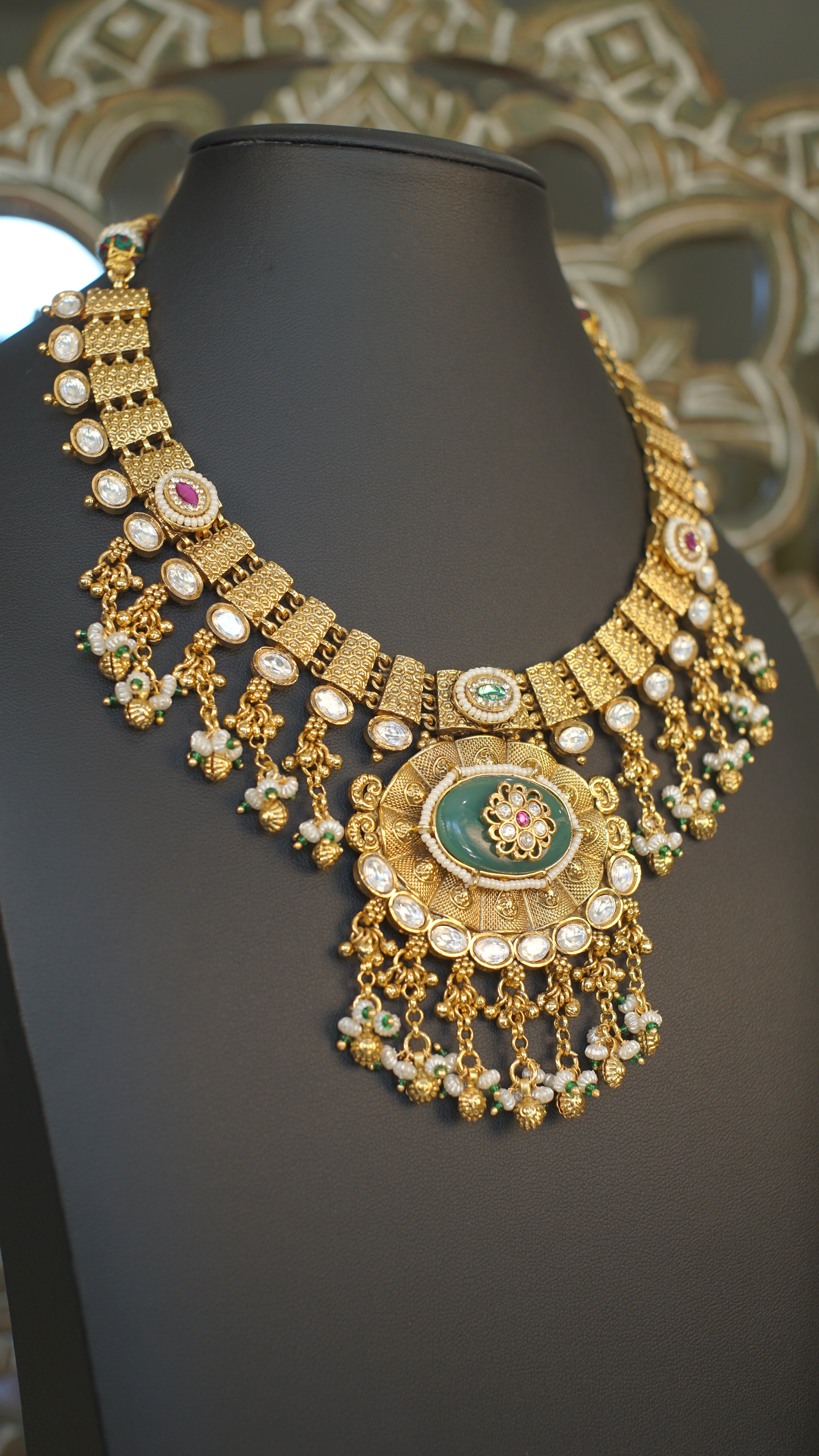 Antique Gold Green Stone Statement Necklace Set | Premium Temple Inspired Bridal Jewelry | Jhumka Earrings Included
