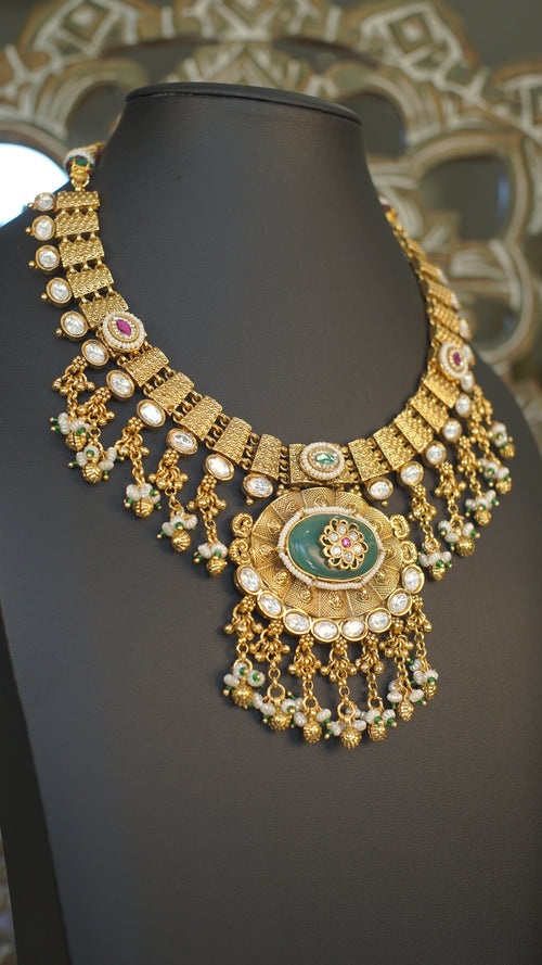 Antique Gold Green Stone Statement Necklace Set | Premium Temple Inspired Bridal Jewelry | Jhumka Earrings Included