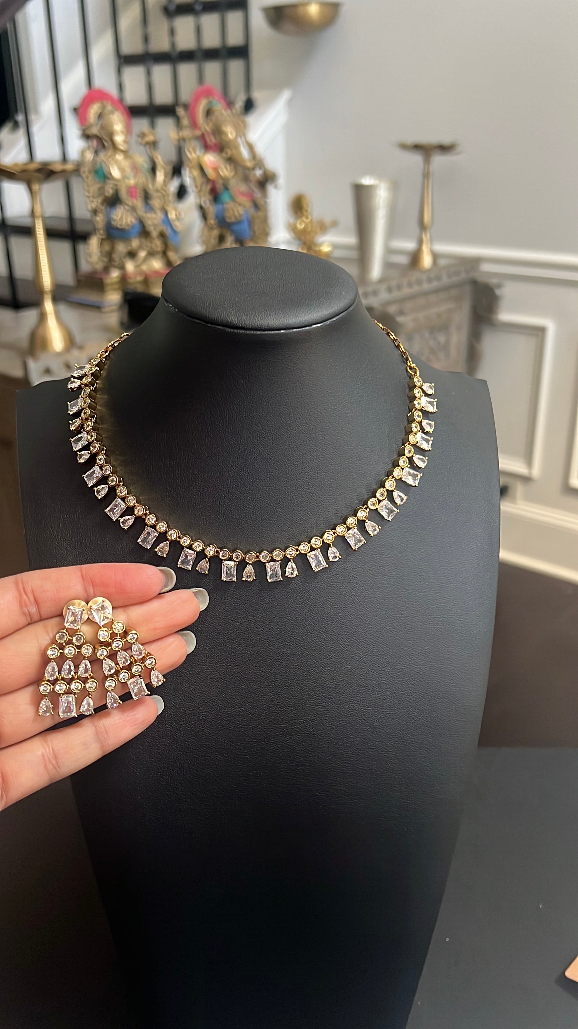 Emerald Green CZ Statement Necklace Set with Matching Earrings