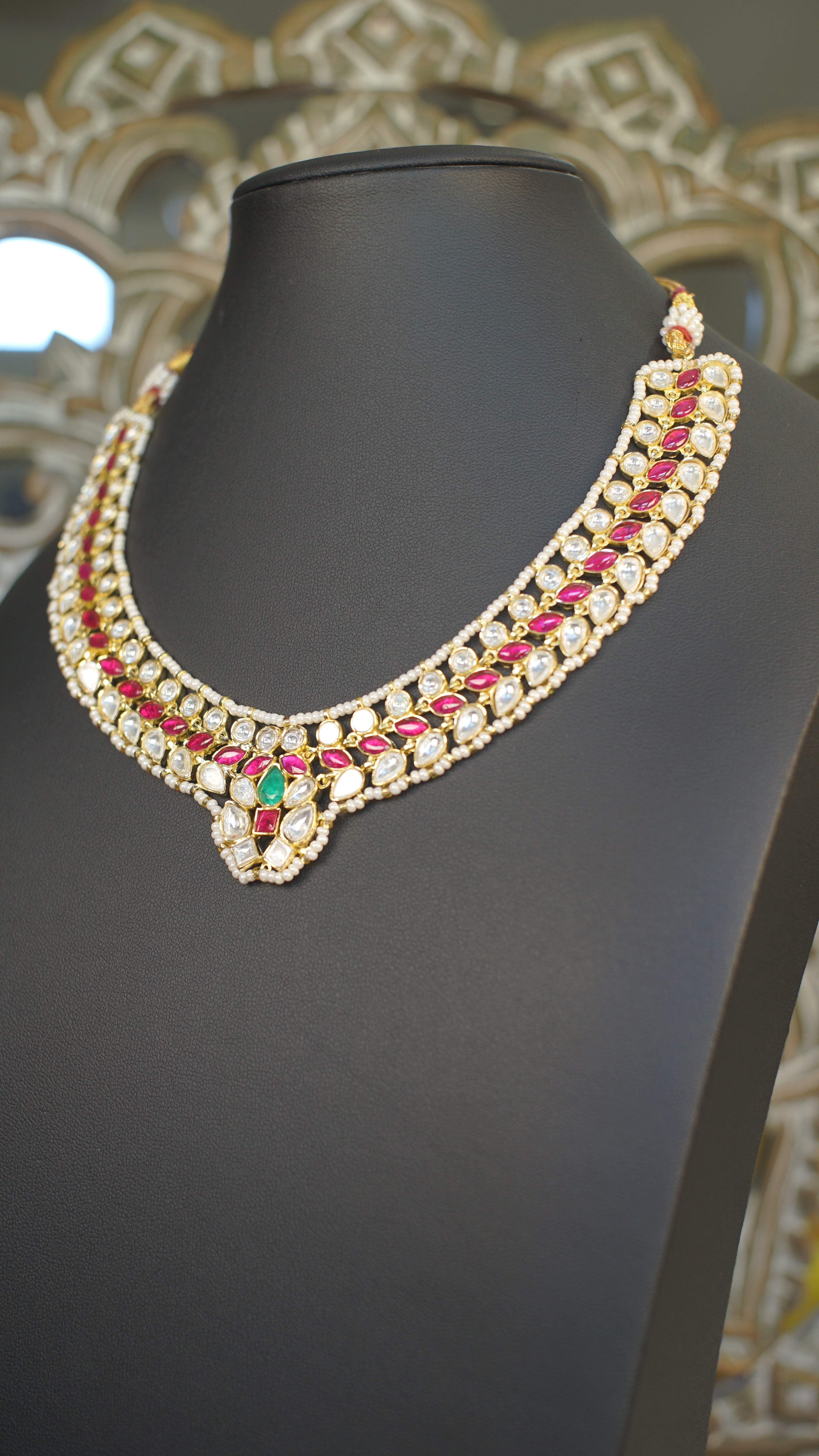 Premium Moissanite Polki Necklace Set – Ruby & Emerald Accents