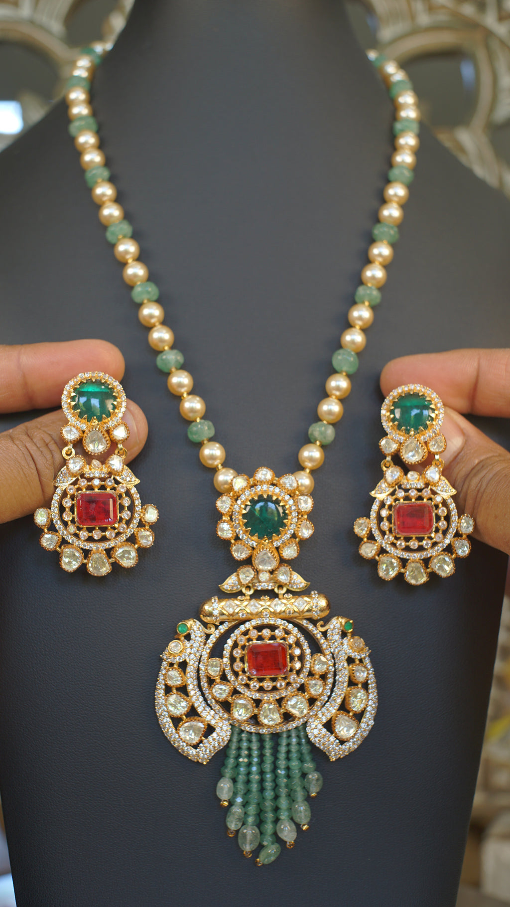 Emerald Green Moissanite Polki Bridal Necklace Set with Statement Earrings | Luxury Indian Wedding Jewelry