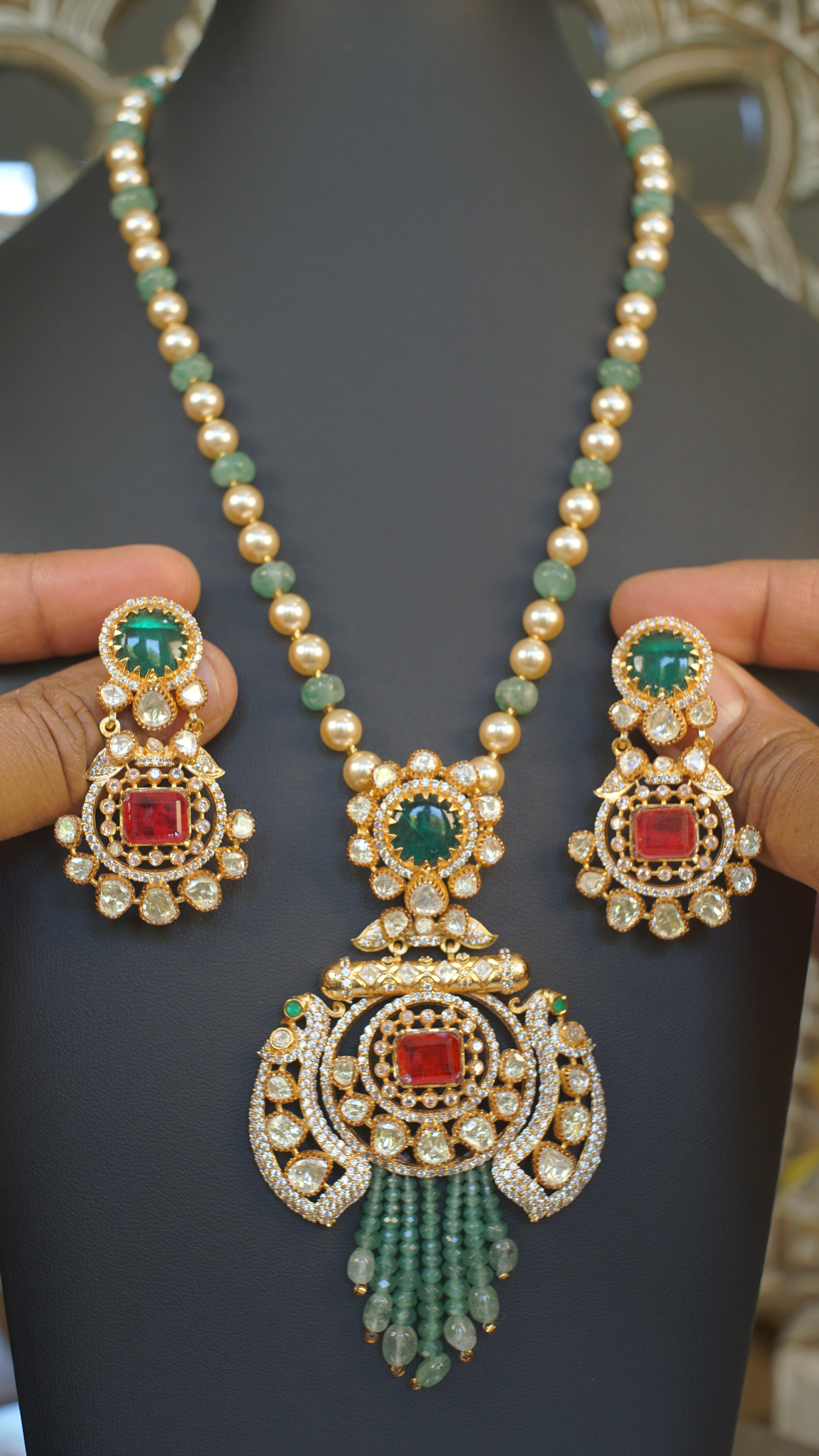 Emerald Green Moissanite Polki Bridal Necklace Set with Statement Earrings | Luxury Indian Wedding Jewelry
