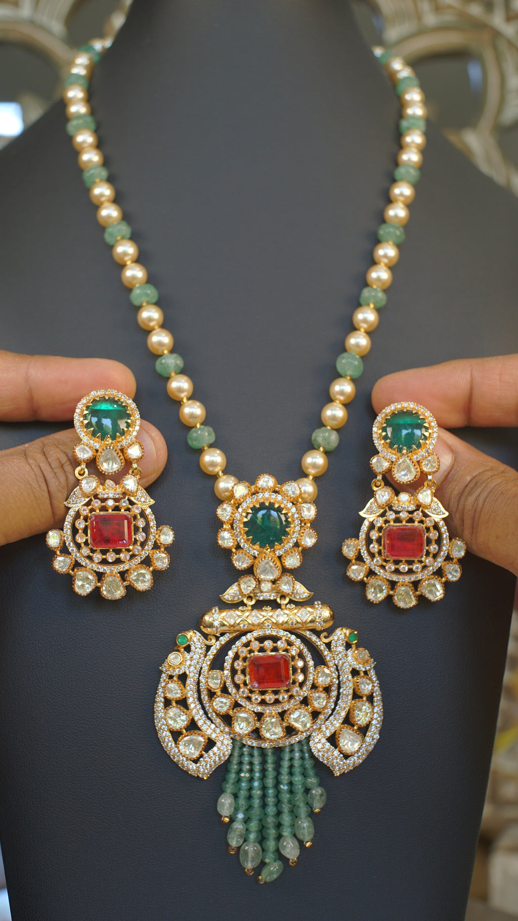 Emerald Green Moissanite Polki Bridal Necklace Set with Statement Earrings | Luxury Indian Wedding Jewelry