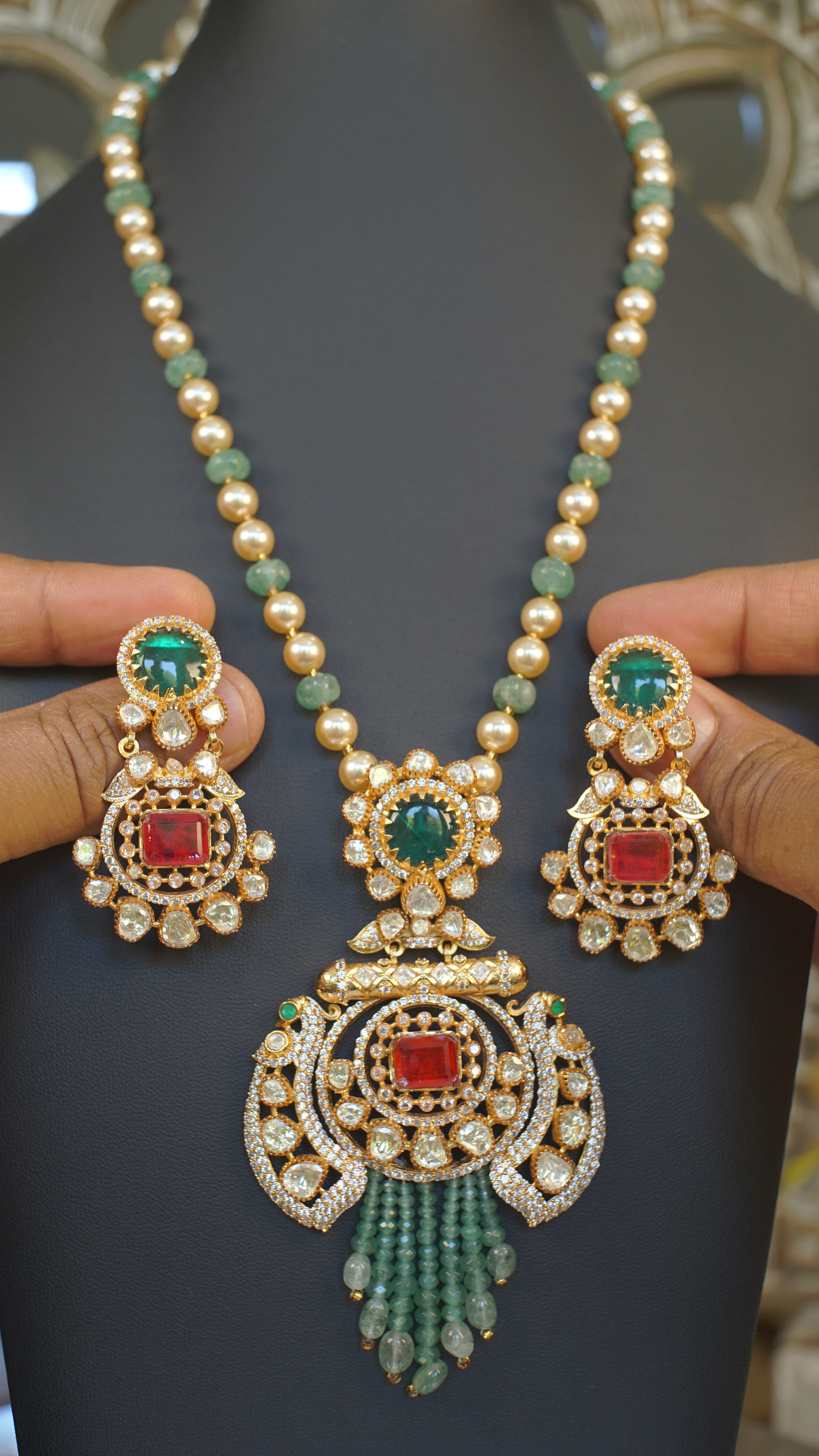 Emerald Green Moissanite Polki Bridal Necklace Set with Statement Earrings | Luxury Indian Wedding Jewelry