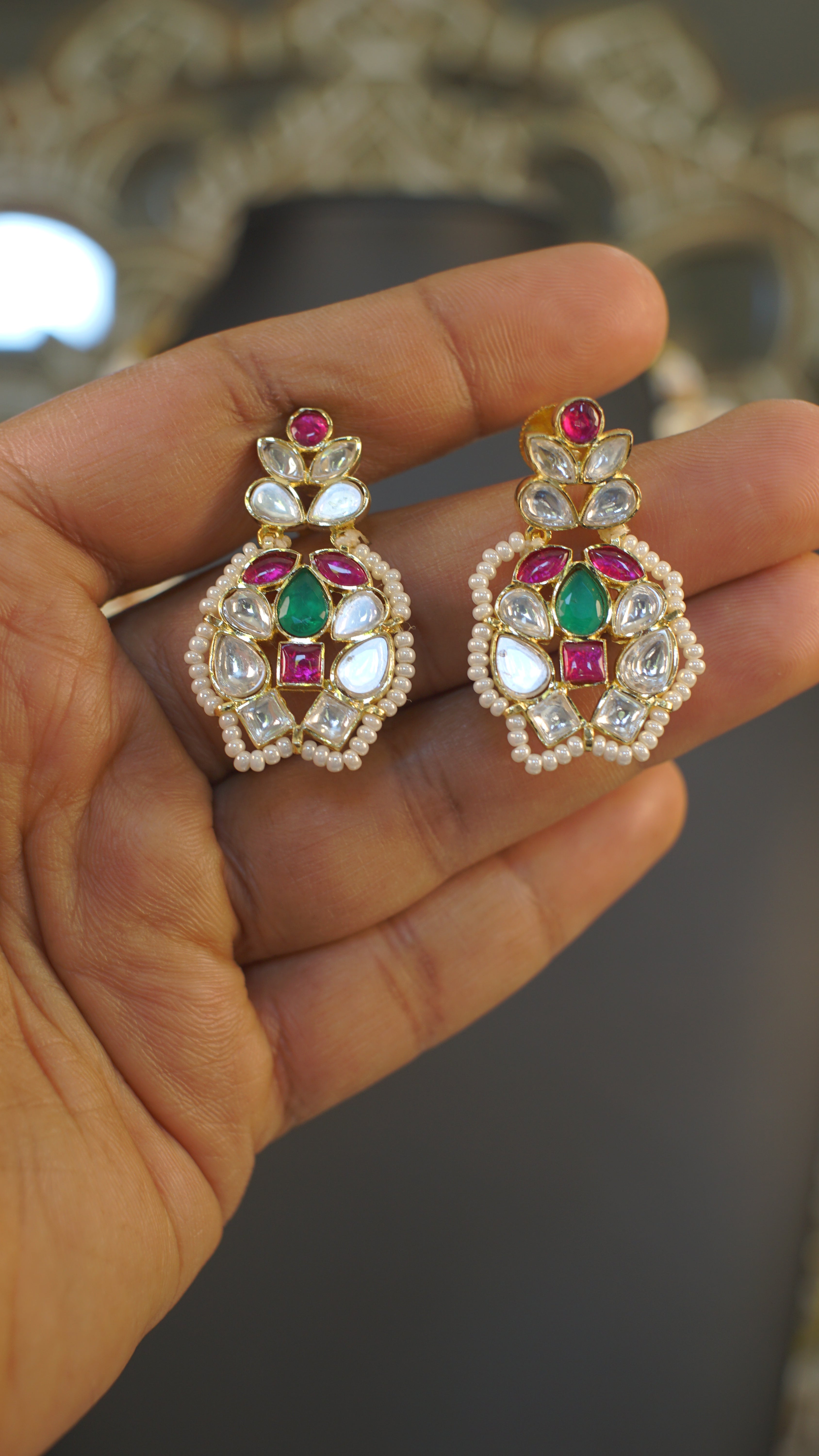 Premium Moissanite Polki Necklace Set – Ruby & Emerald Accents