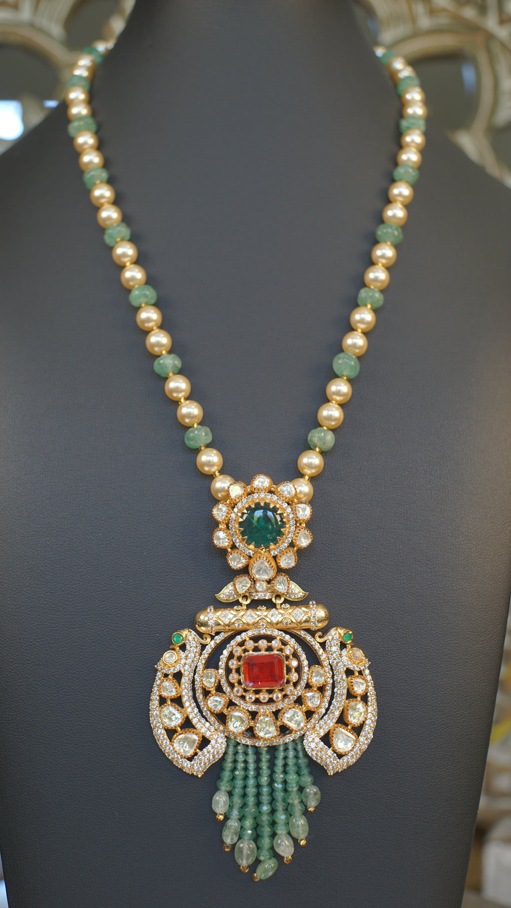 Emerald Green Moissanite Polki Bridal Necklace Set with Statement Earrings | Luxury Indian Wedding Jewelry
