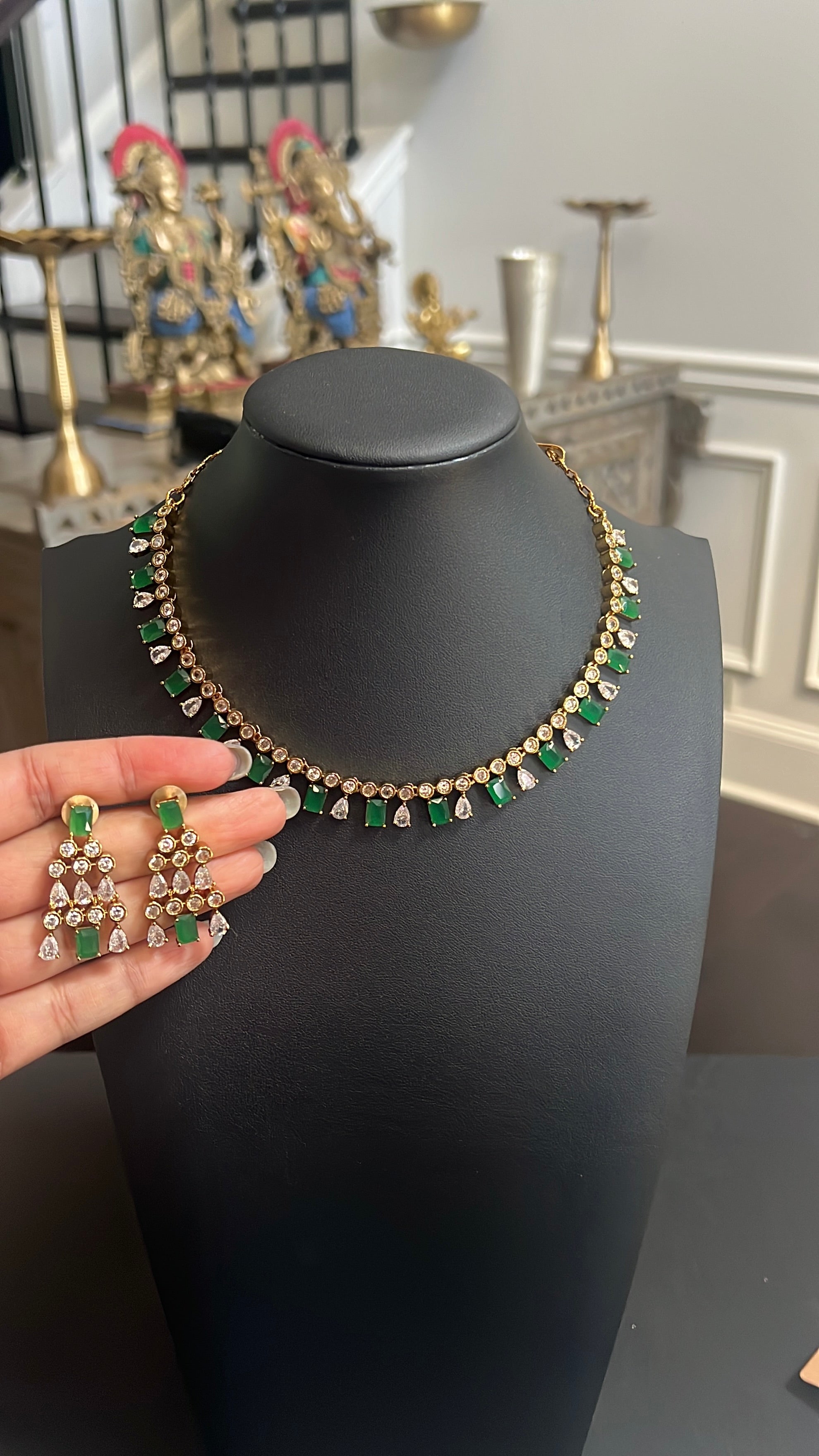 Emerald Green CZ Statement Necklace Set with Matching Earrings