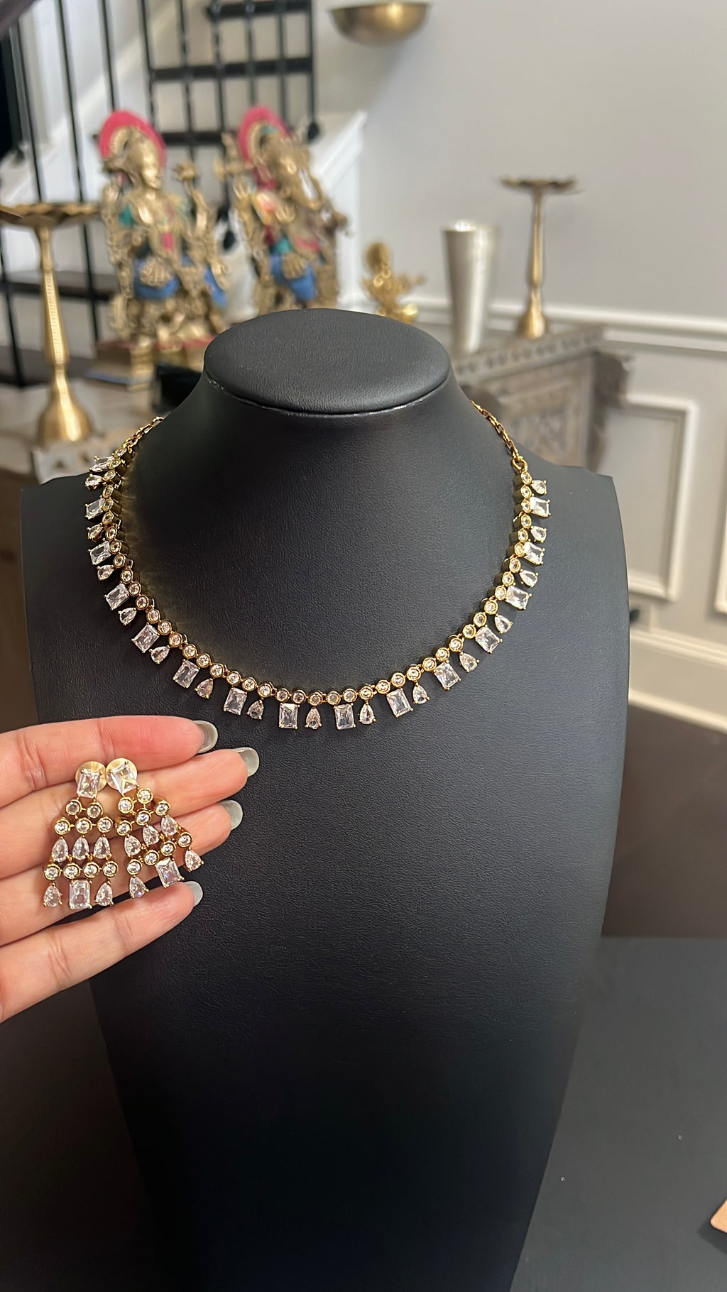 Emerald Green CZ Statement Necklace Set with Matching Earrings