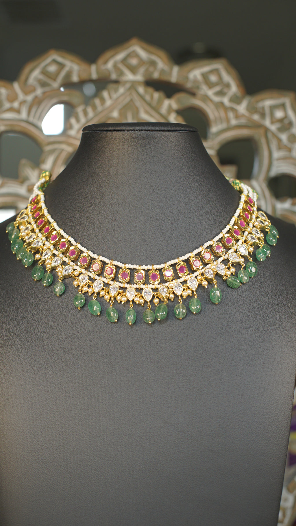 Polki Kundan Choker Necklace with Emerald Green Bead Drops