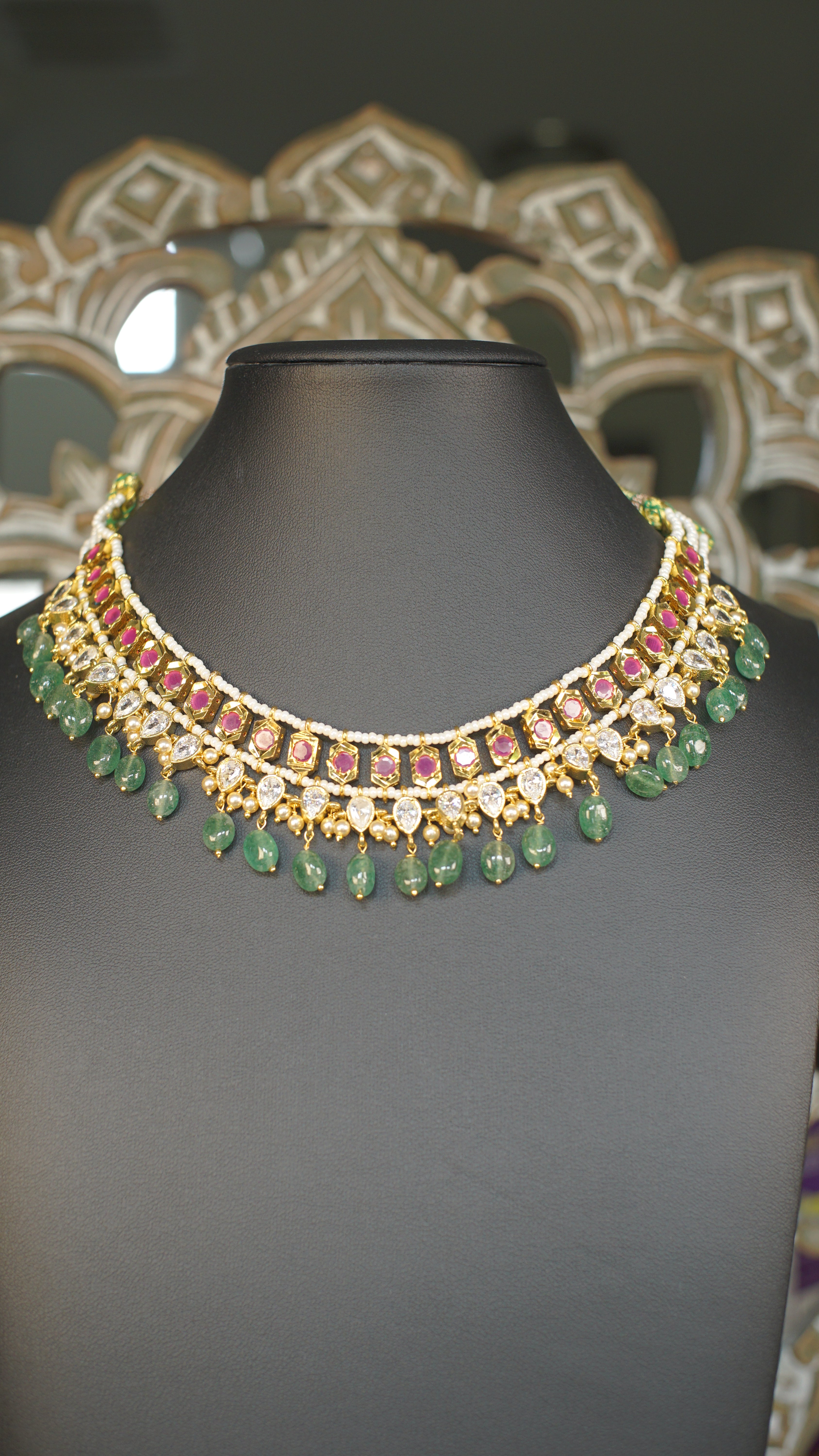 Polki Kundan Choker Necklace with Emerald Green Bead Drops