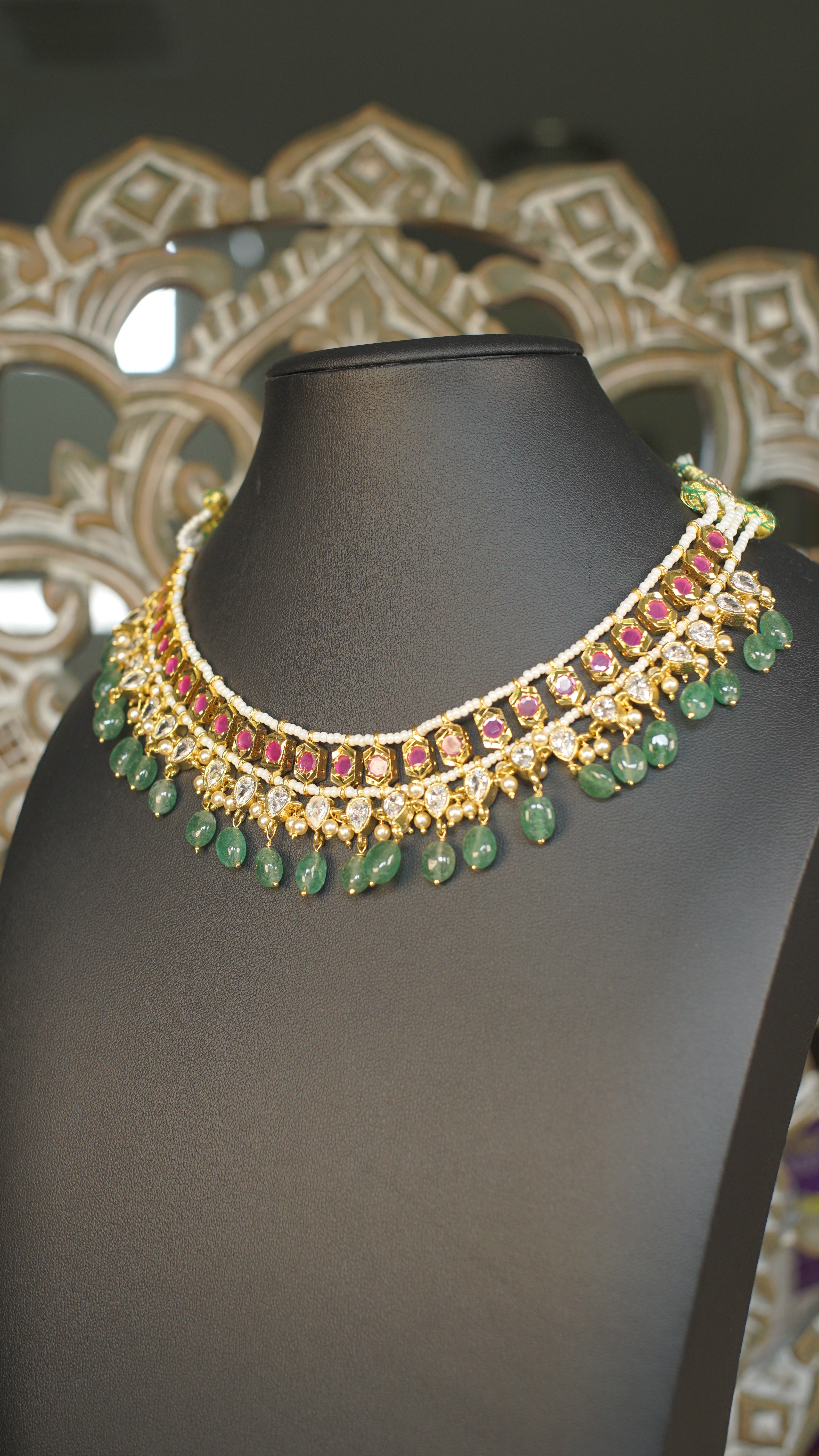 Polki Kundan Choker Necklace with Emerald Green Bead Drops