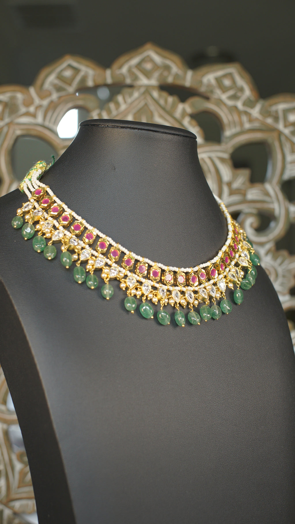 Polki Kundan Choker Necklace with Emerald Green Bead Drops