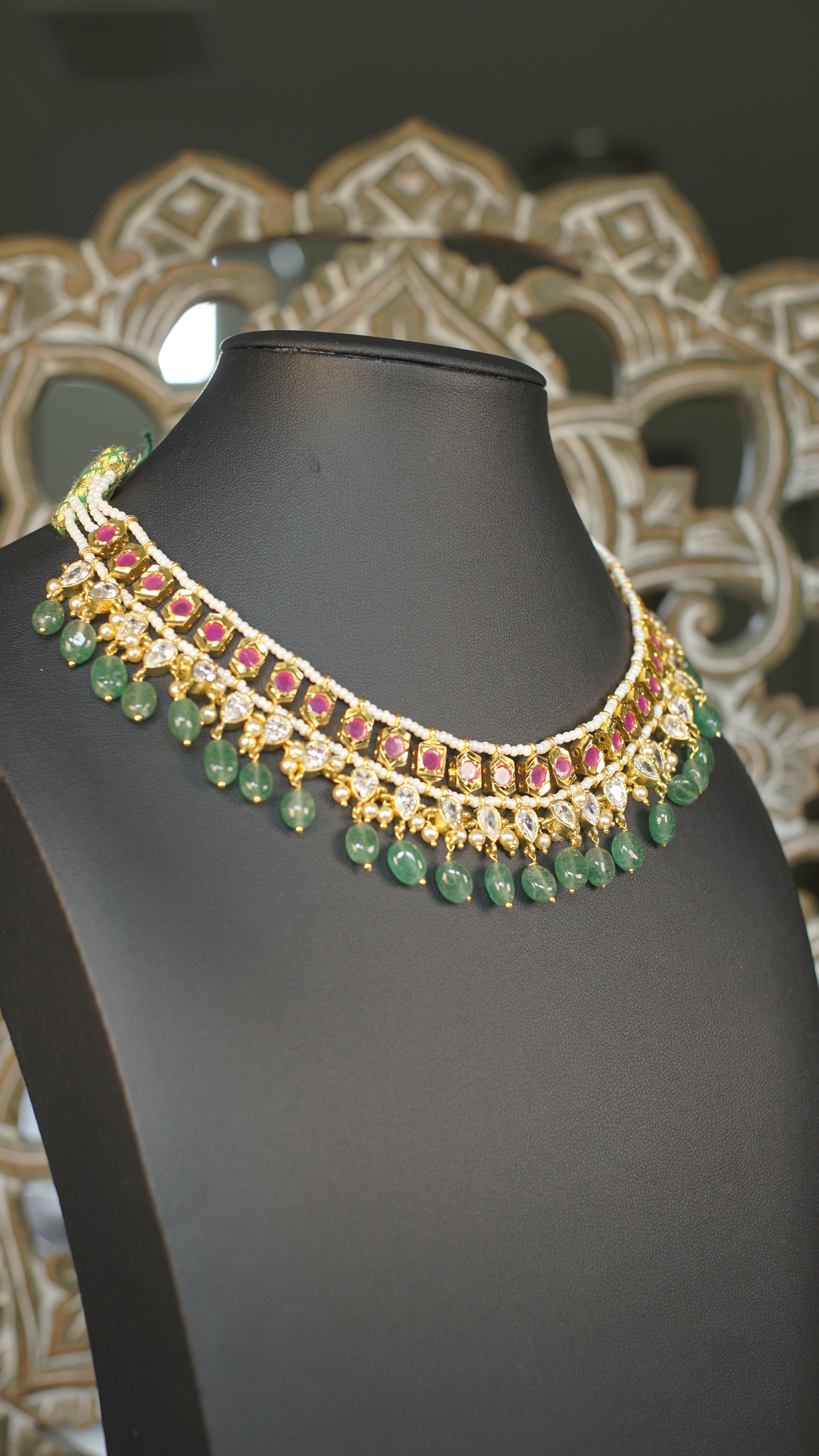 Polki Kundan Choker Necklace with Emerald Green Bead Drops