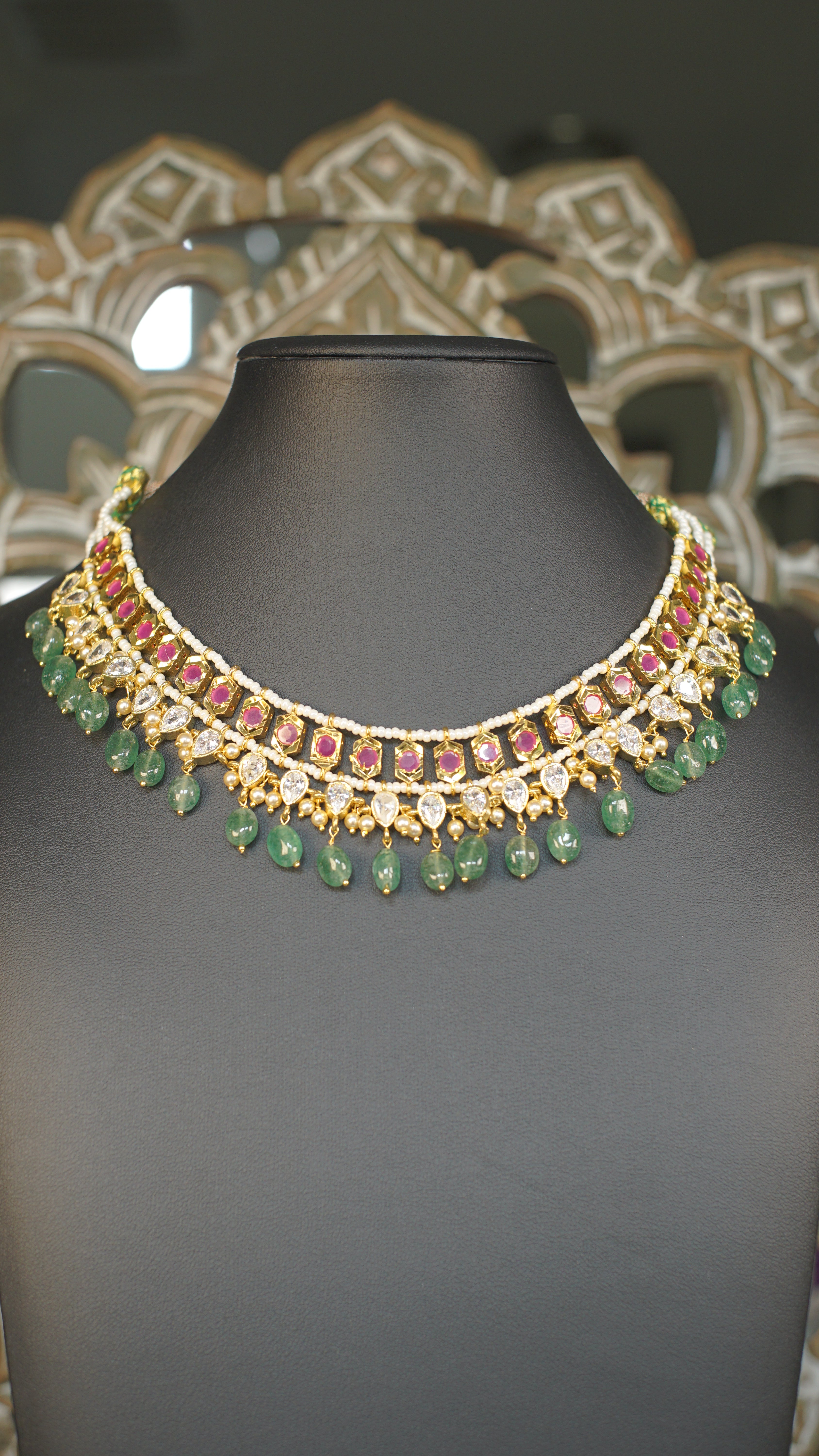 Polki Kundan Choker Necklace with Emerald Green Bead Drops