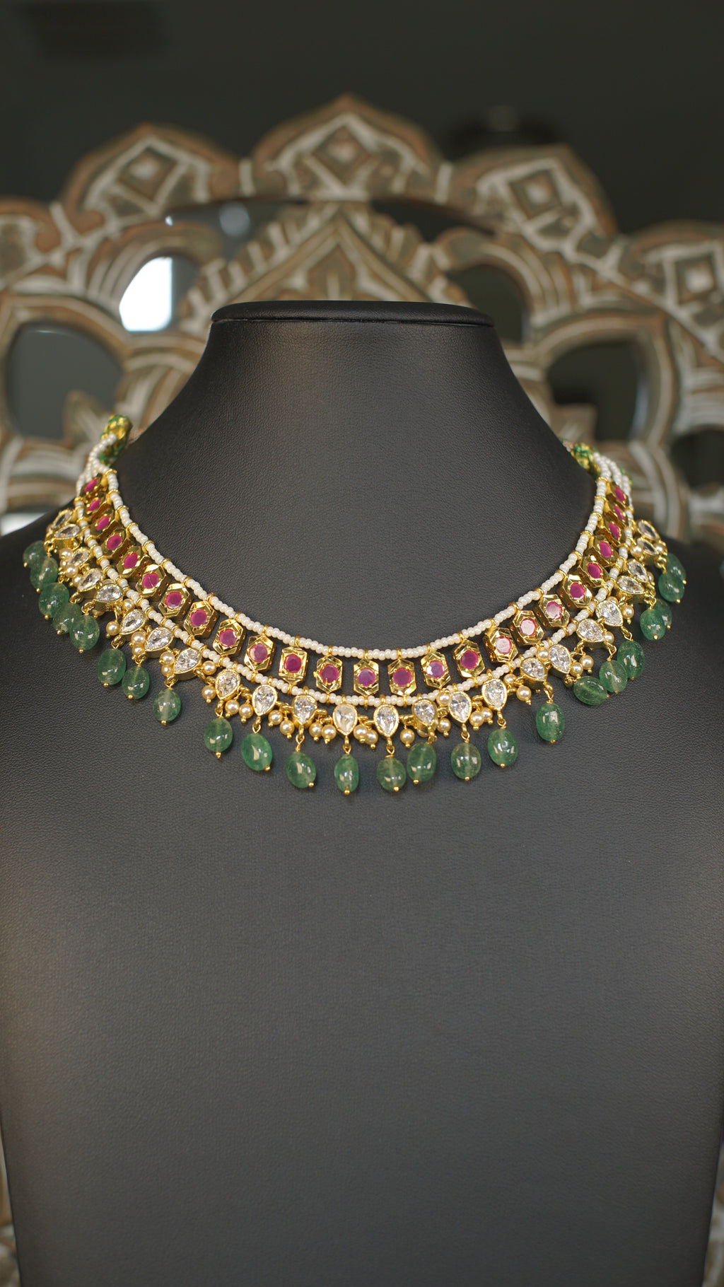 Polki Kundan Choker Necklace with Emerald Green Bead Drops