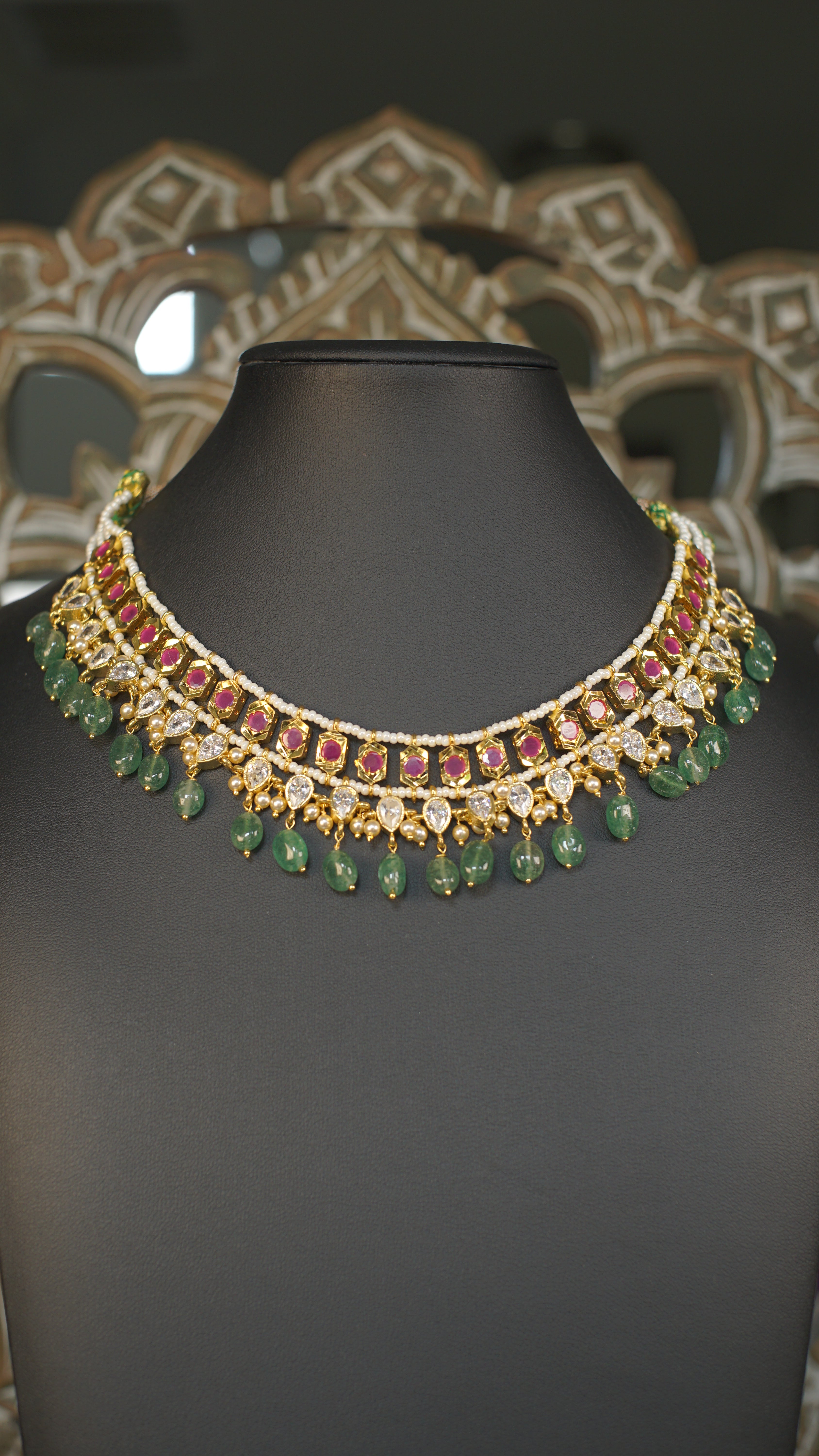 Polki Kundan Choker Necklace with Emerald Green Bead Drops