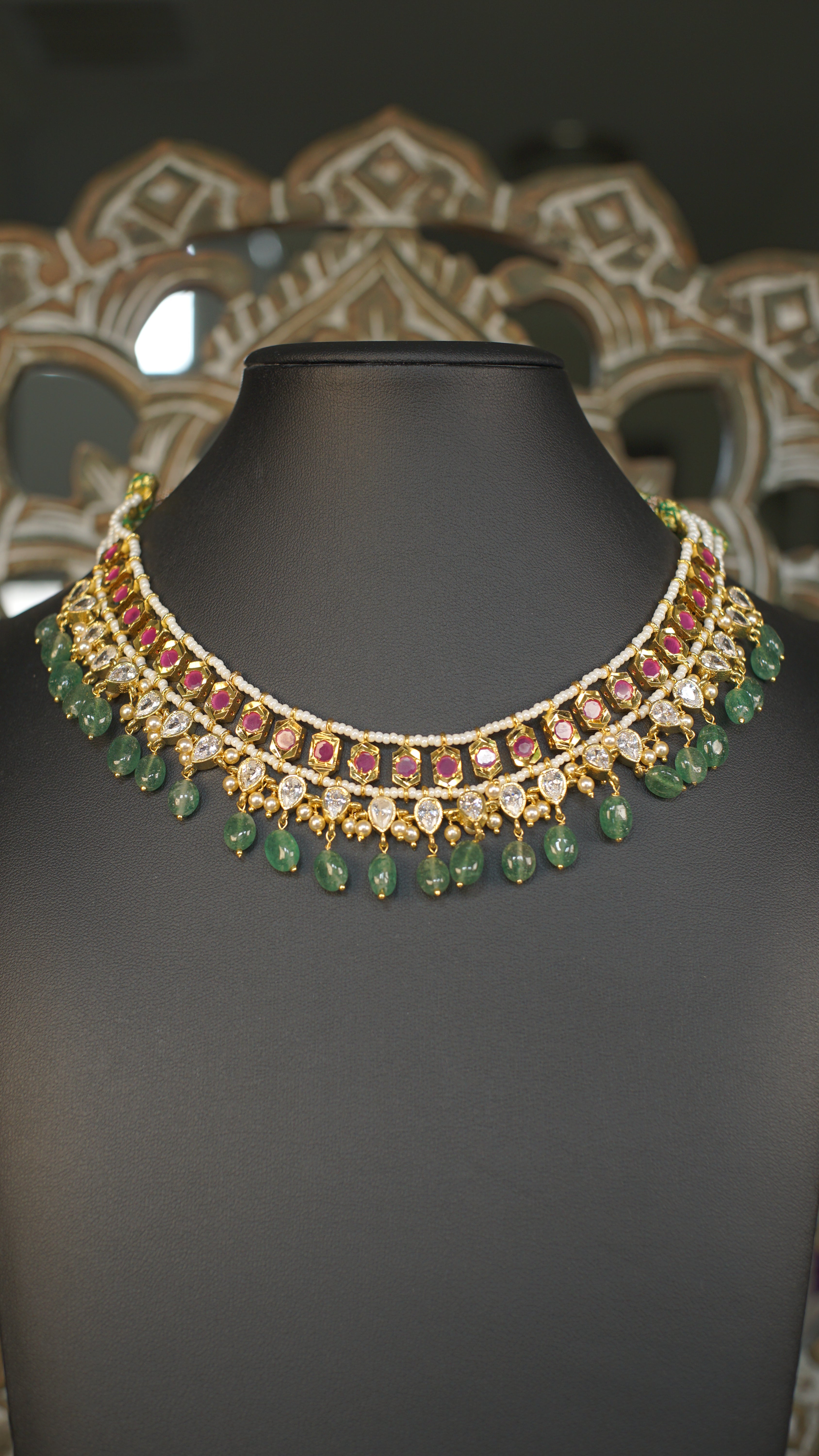 Polki Kundan Choker Necklace with Emerald Green Bead Drops