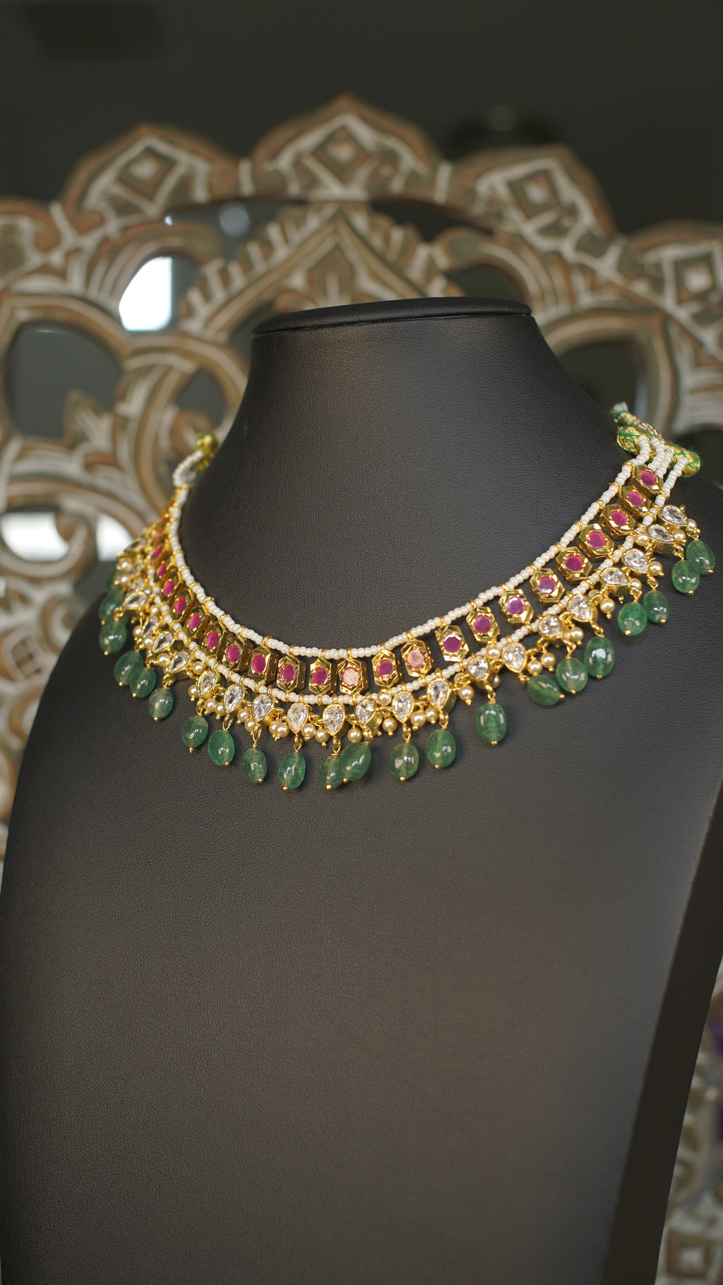 Polki Kundan Choker Necklace with Emerald Green Bead Drops