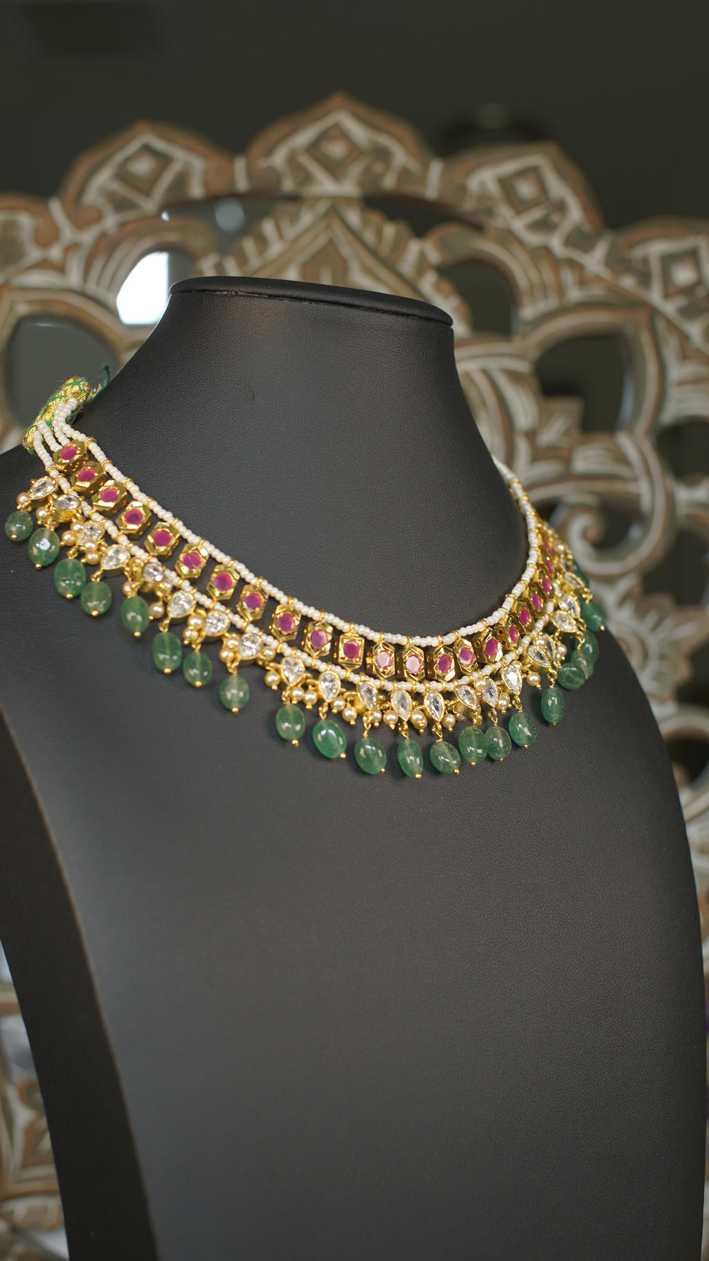 Polki Kundan Choker Necklace with Emerald Green Bead Drops