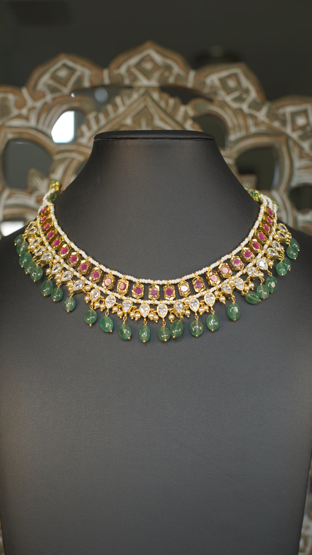 Polki Kundan Choker Necklace with Emerald Green Bead Drops