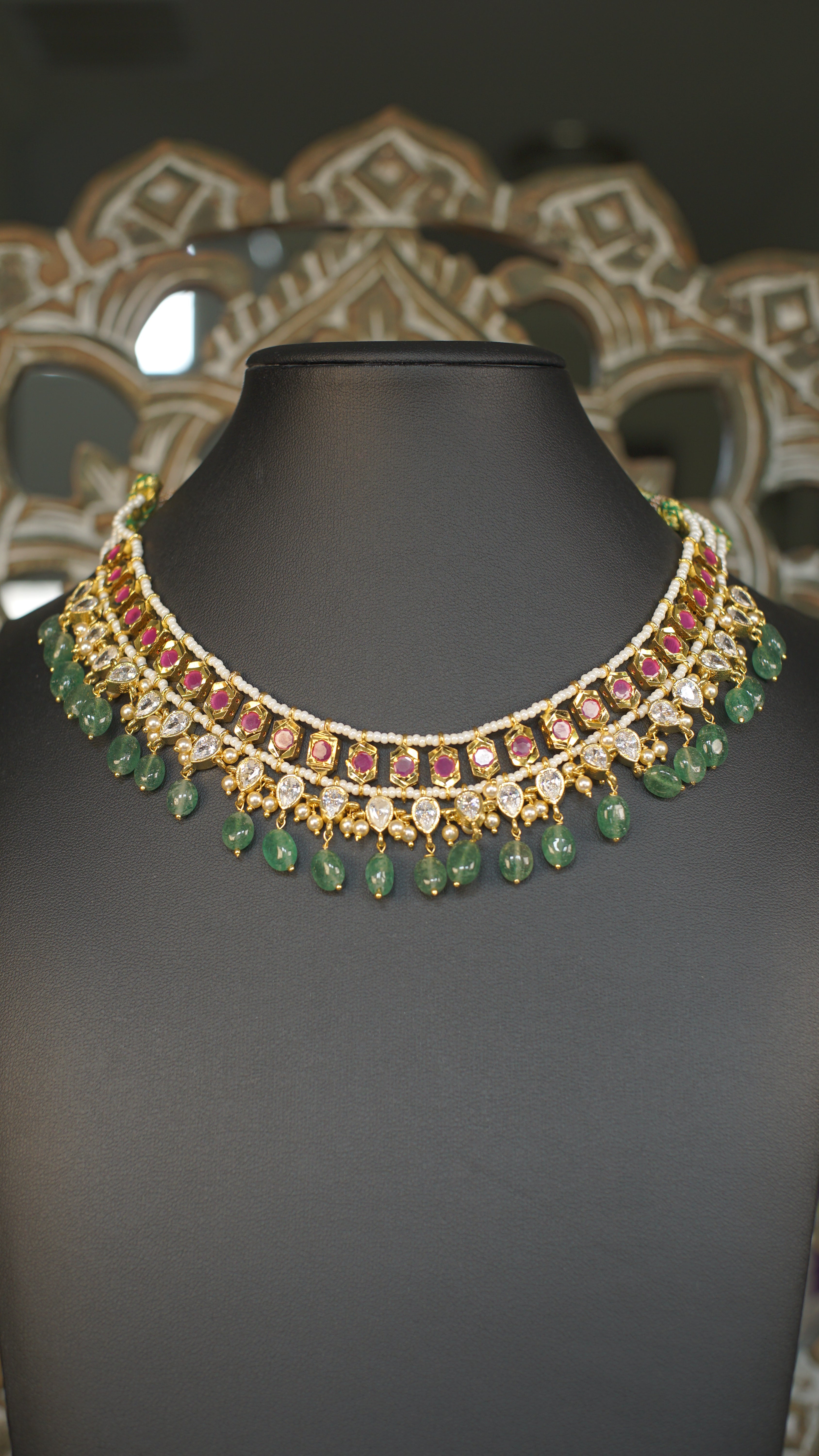 Polki Kundan Choker Necklace with Emerald Green Bead Drops