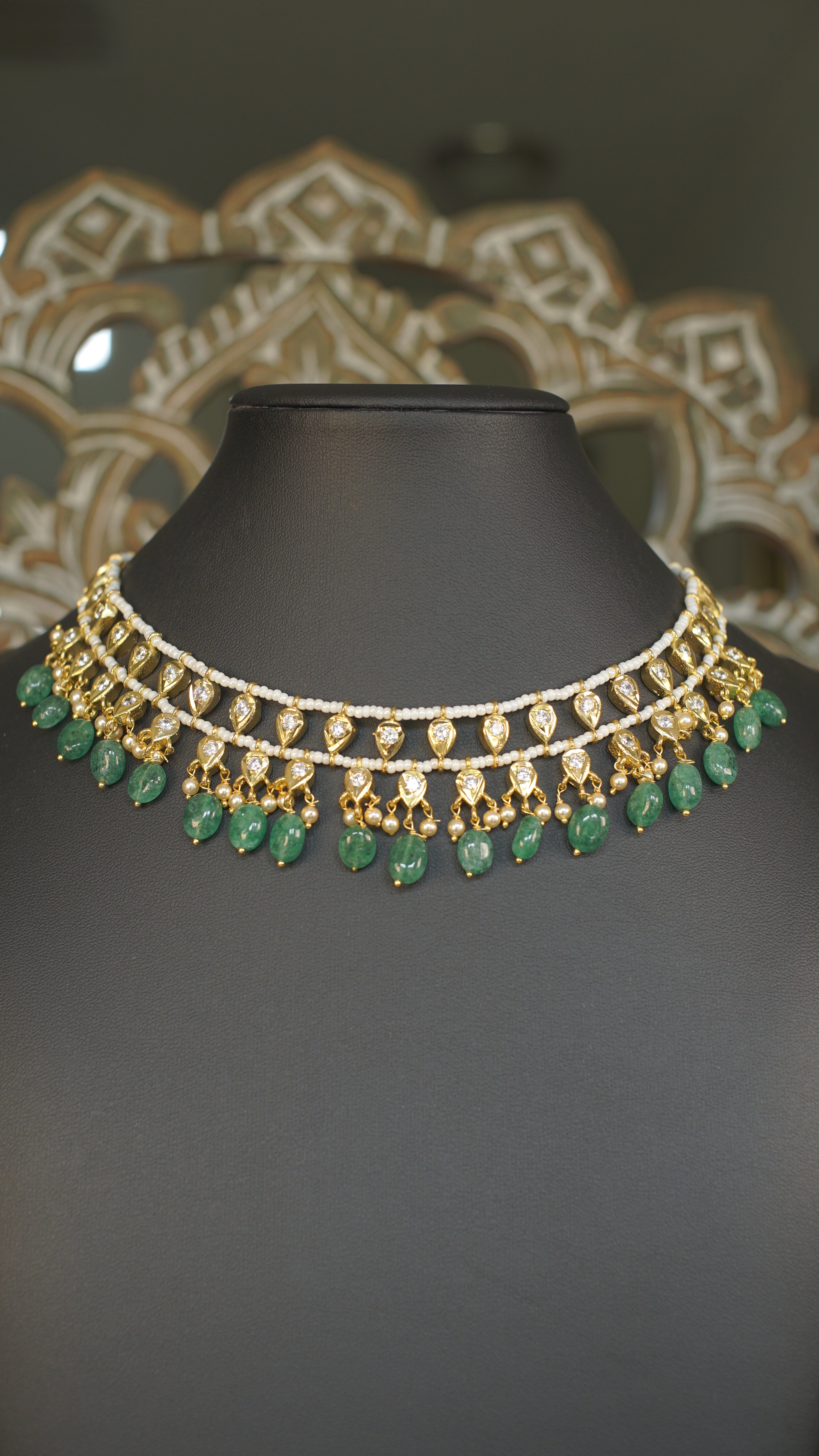 Layered Polki Choker with Emerald Green Bead Drops