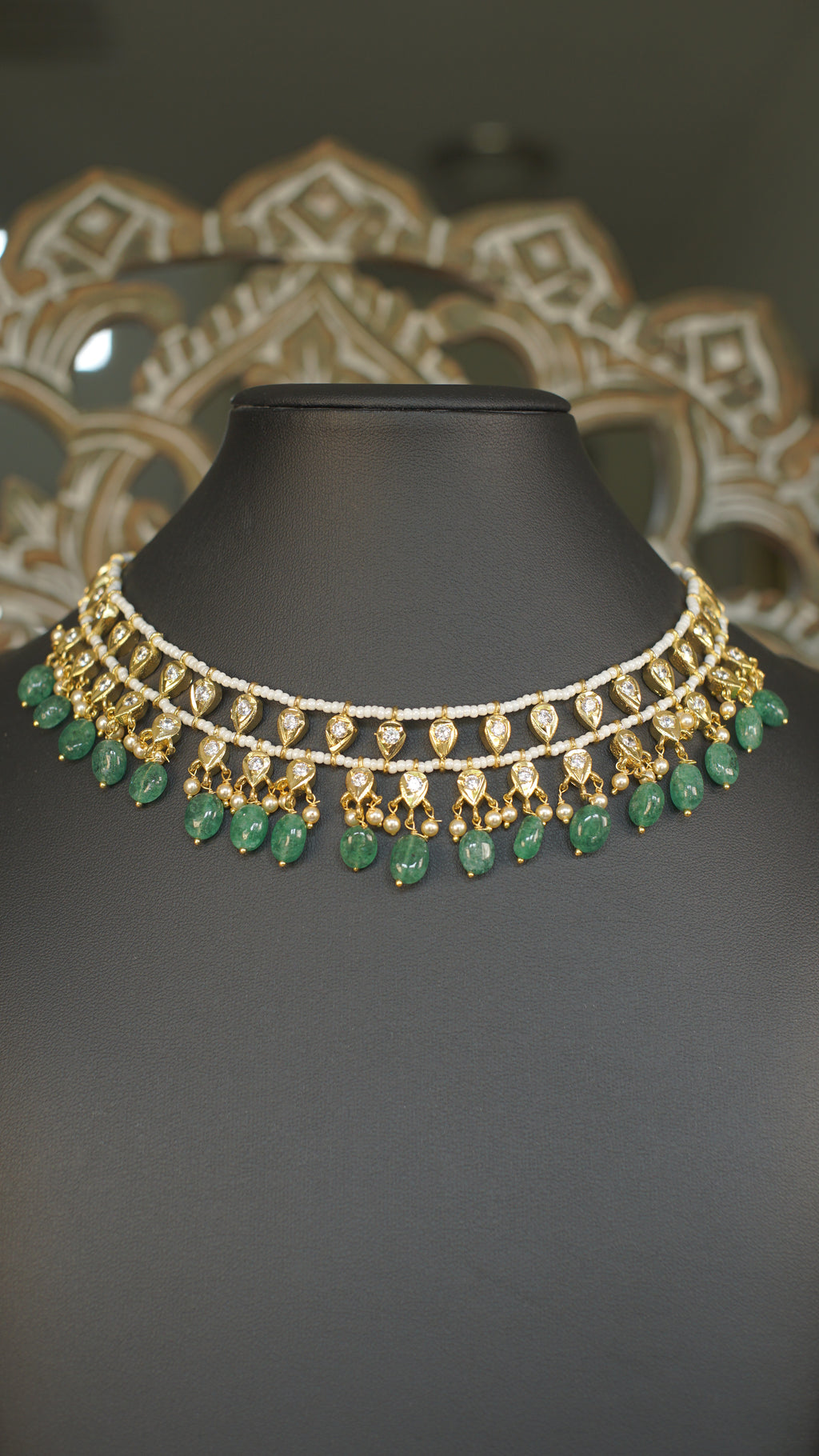 Layered Polki Choker with Emerald Green Bead Drops
