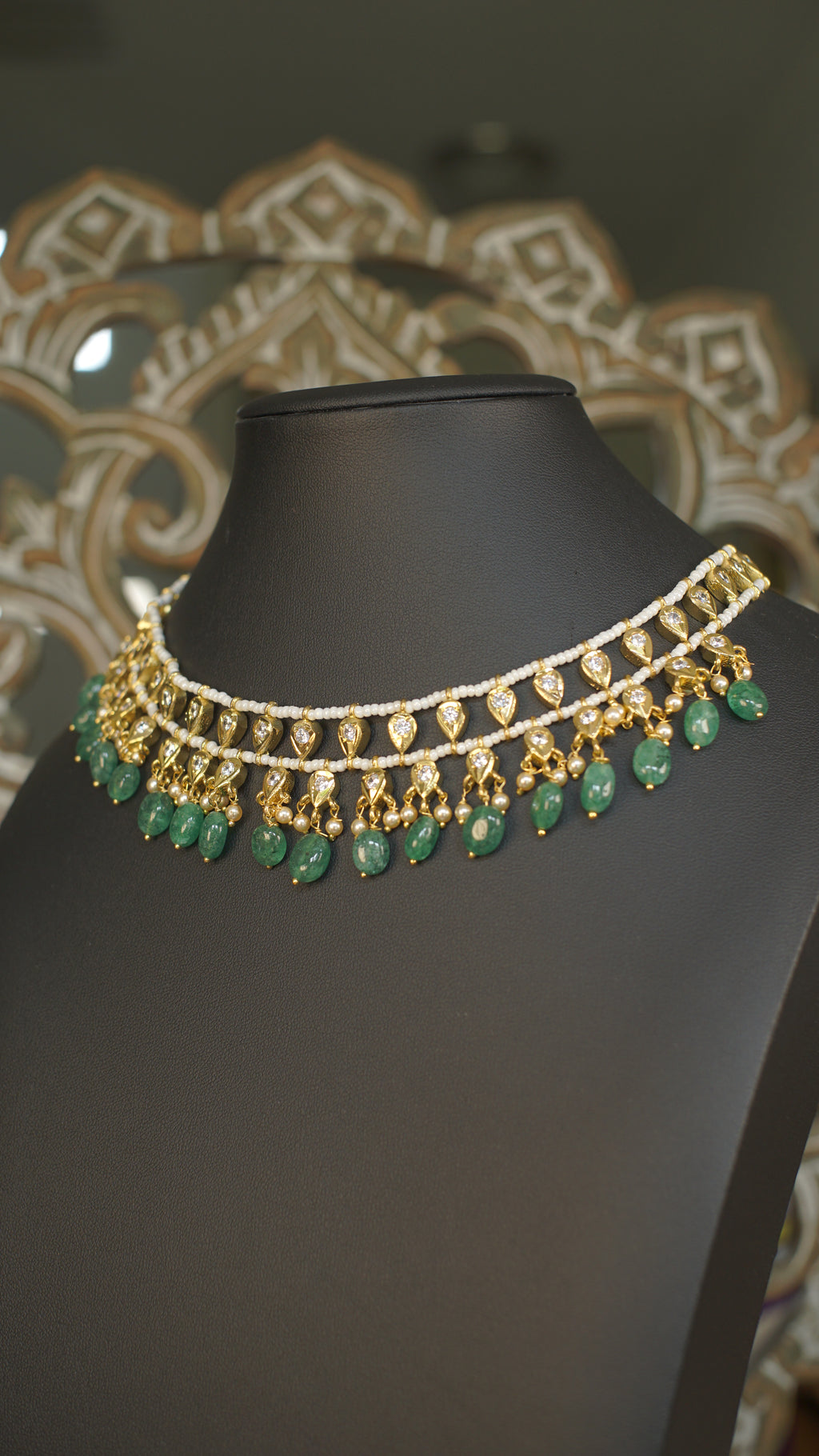 Layered Polki Choker with Emerald Green Bead Drops