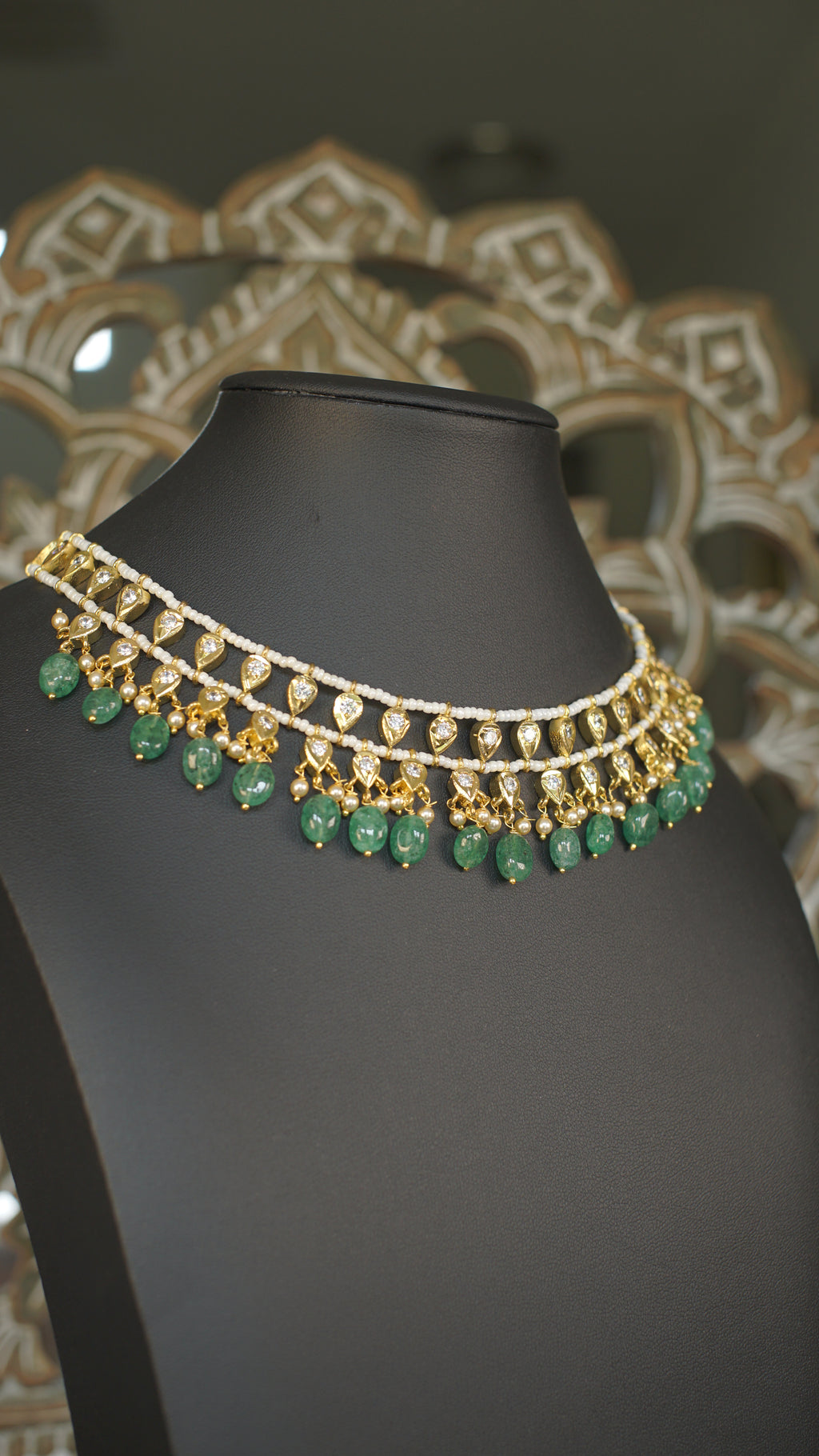 Layered Polki Choker with Emerald Green Bead Drops