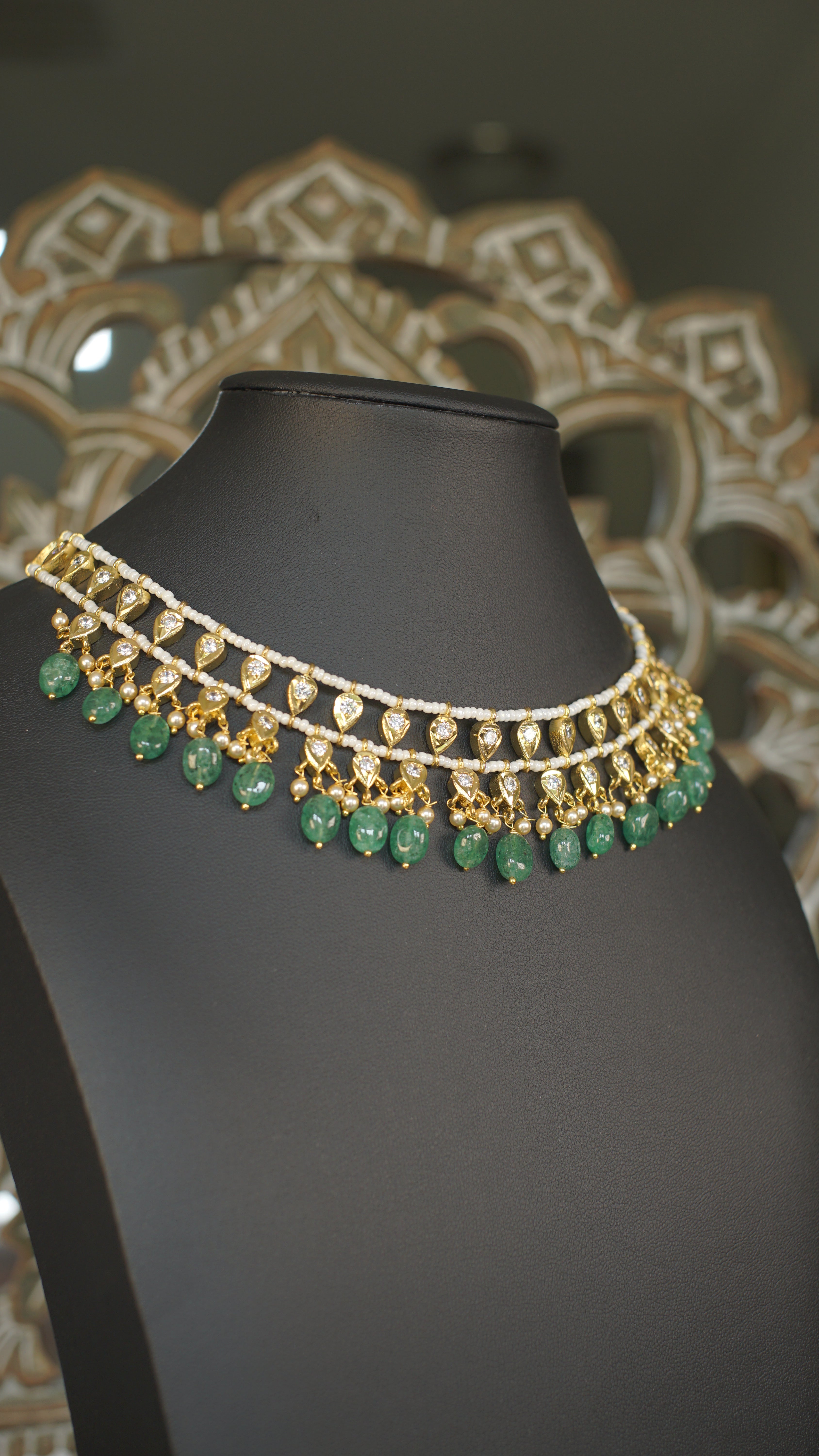 Layered Polki Choker with Emerald Green Bead Drops