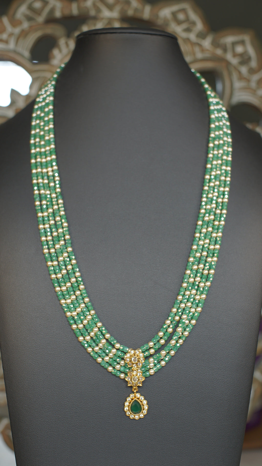 Multi Layer Green Beaded Polki Kundan Necklace Set