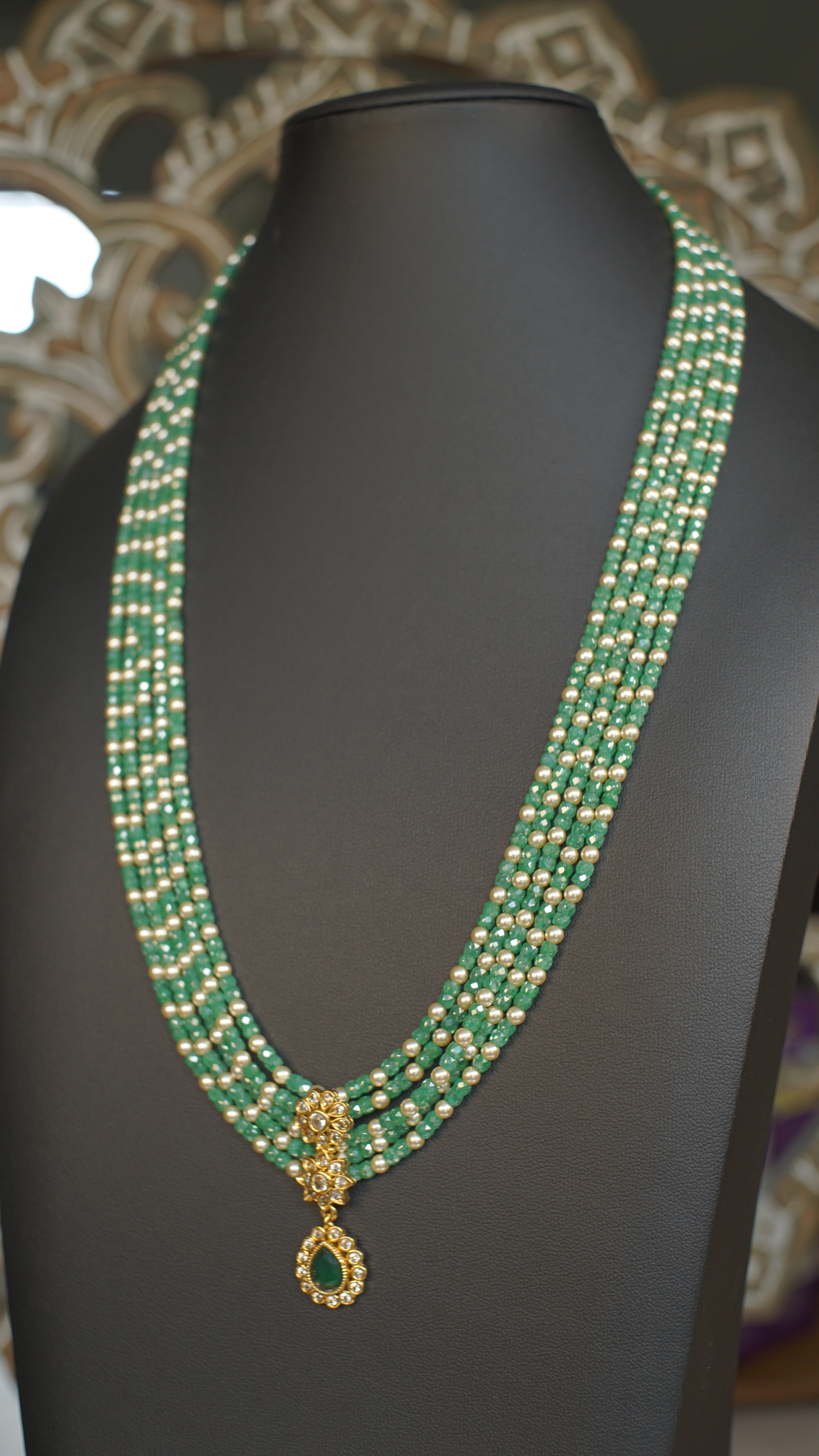Multi Layer Green Beaded Polki Kundan Necklace Set