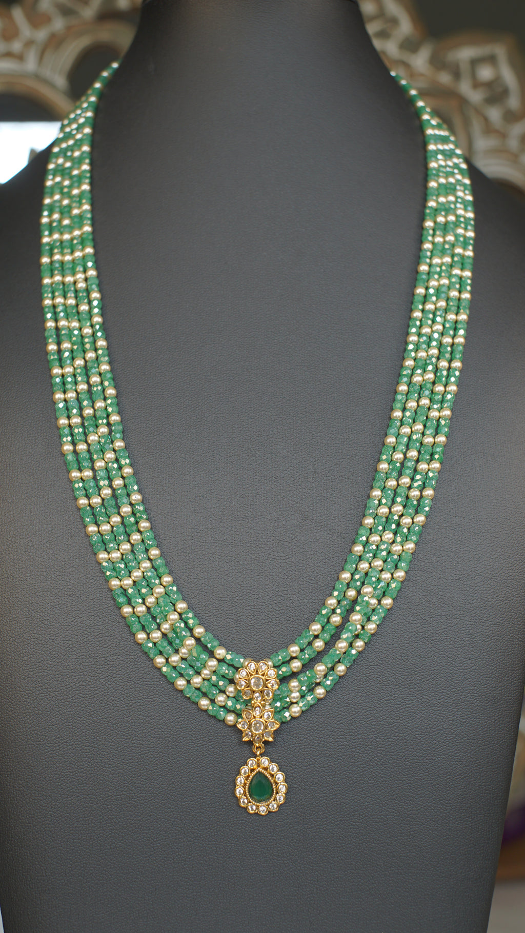 Multi Layer Green Beaded Polki Kundan Necklace Set