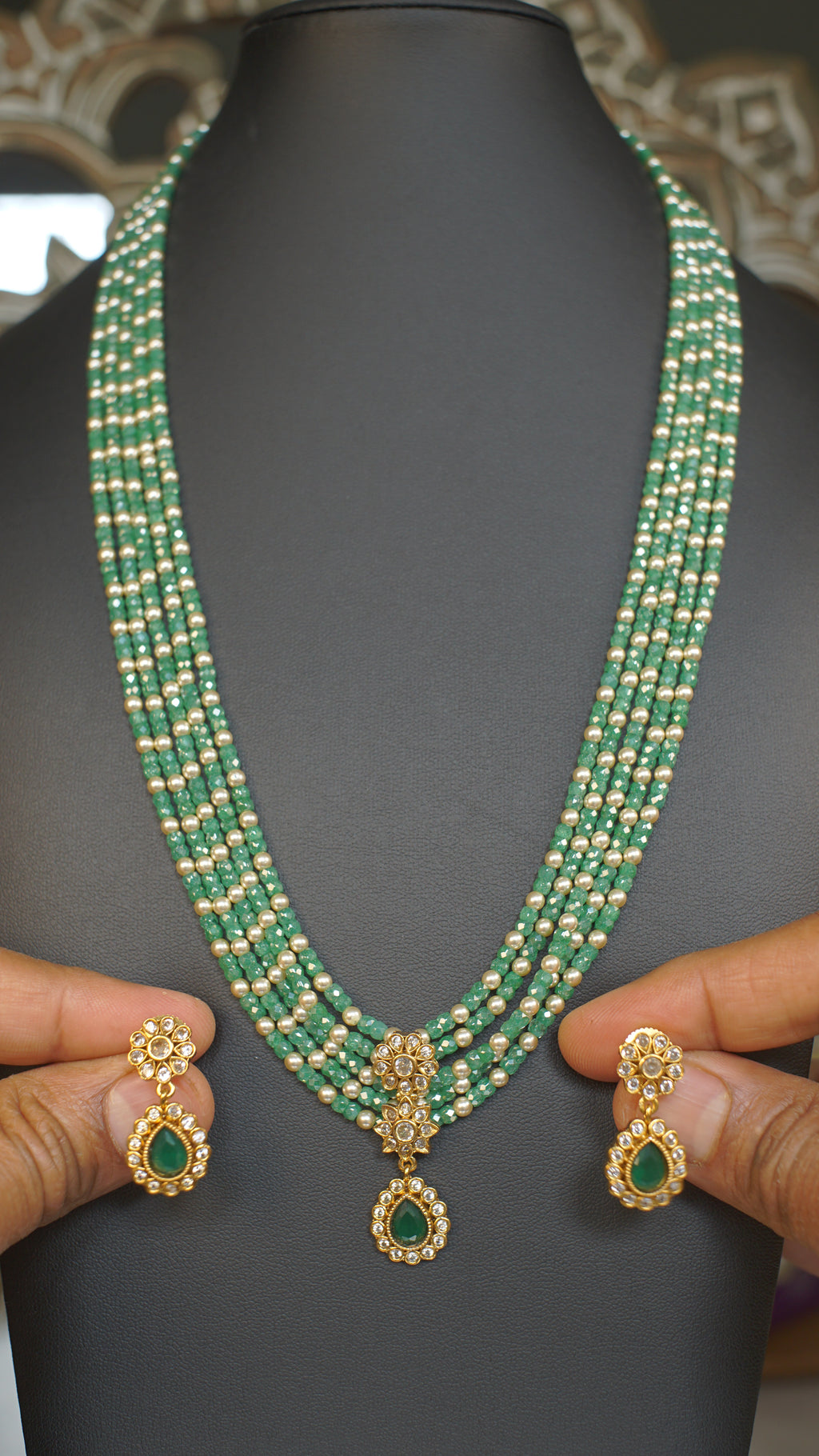 Multi Layer Green Beaded Polki Kundan Necklace Set
