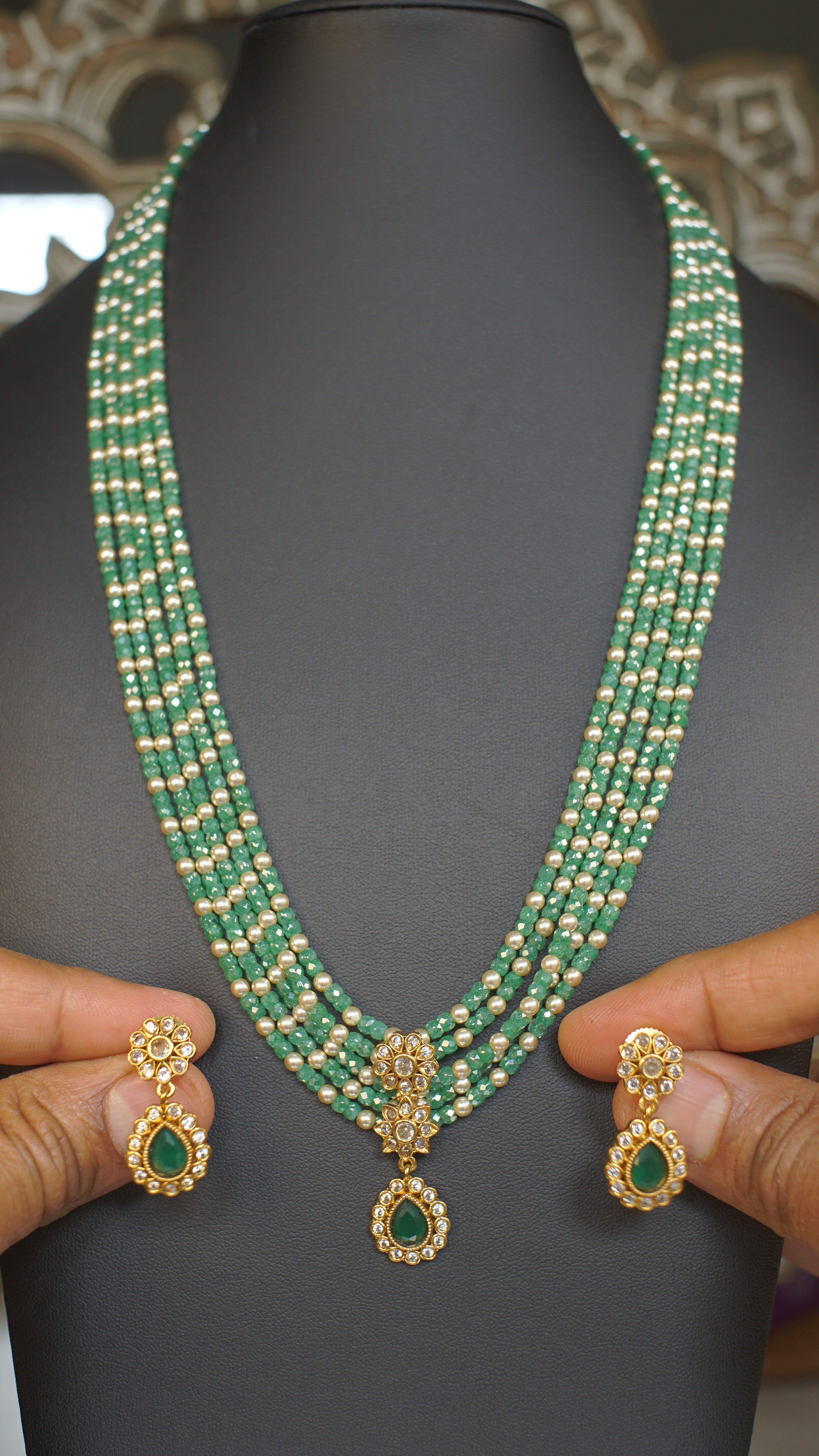 Multi Layer Green Beaded Polki Kundan Necklace Set