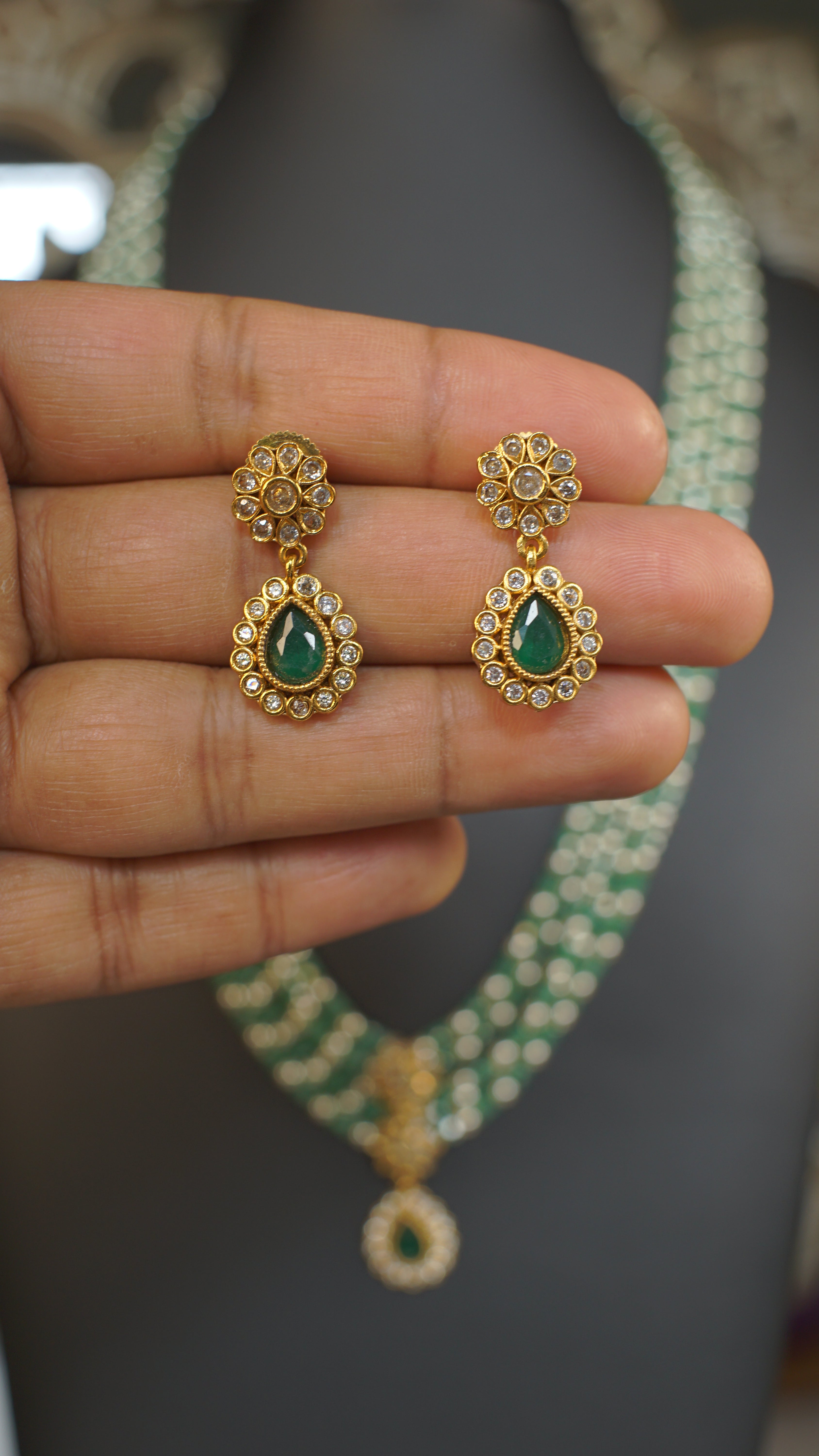 Multi Layer Green Beaded Polki Kundan Necklace Set