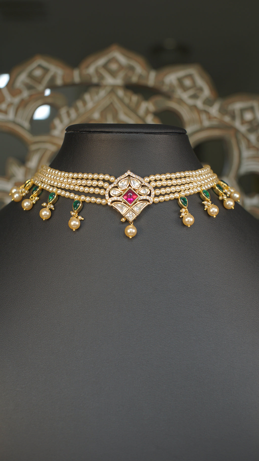 Multi Strand Pearl Polki Choker Necklace