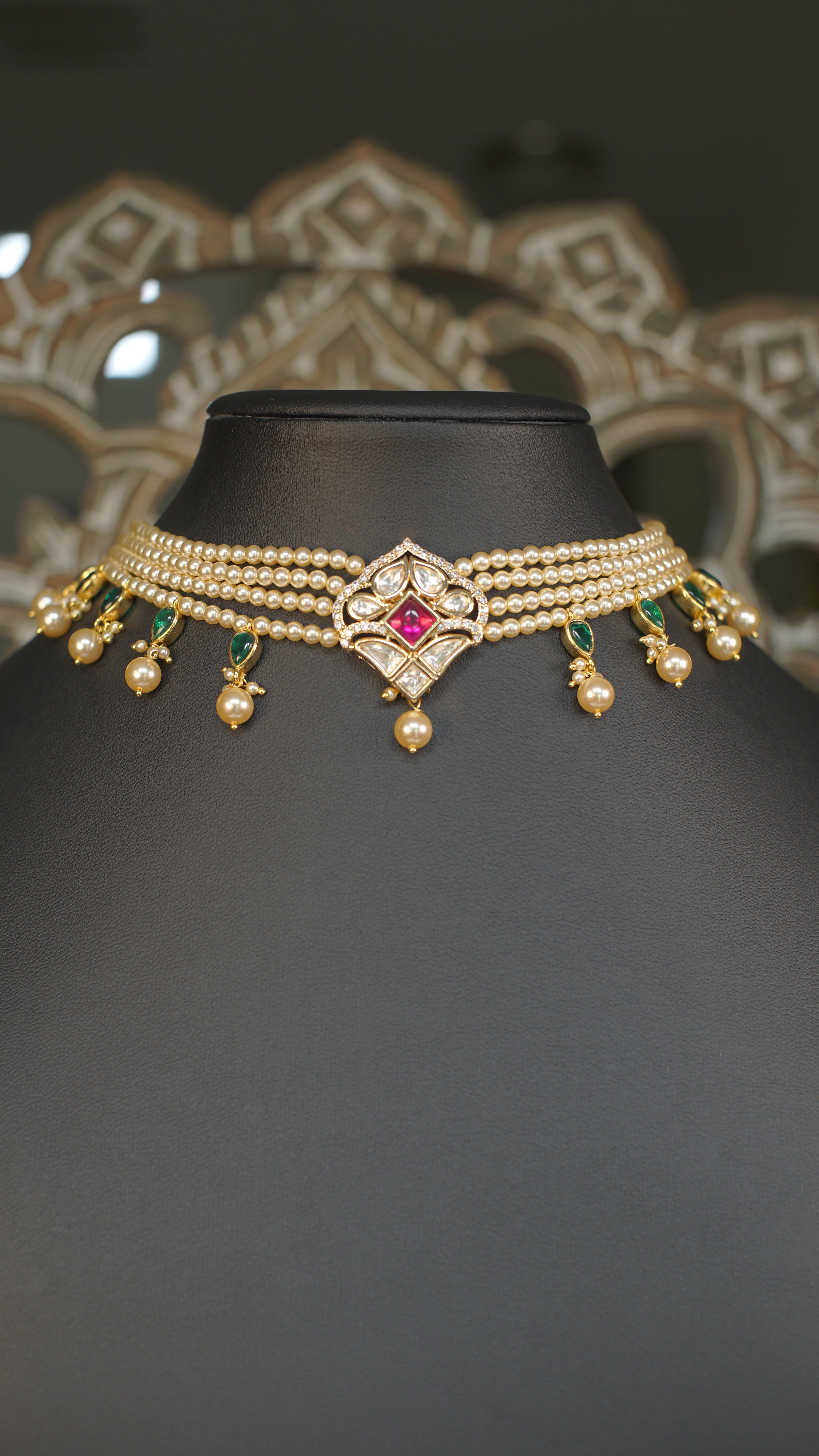 Multi Strand Pearl Polki Choker Necklace