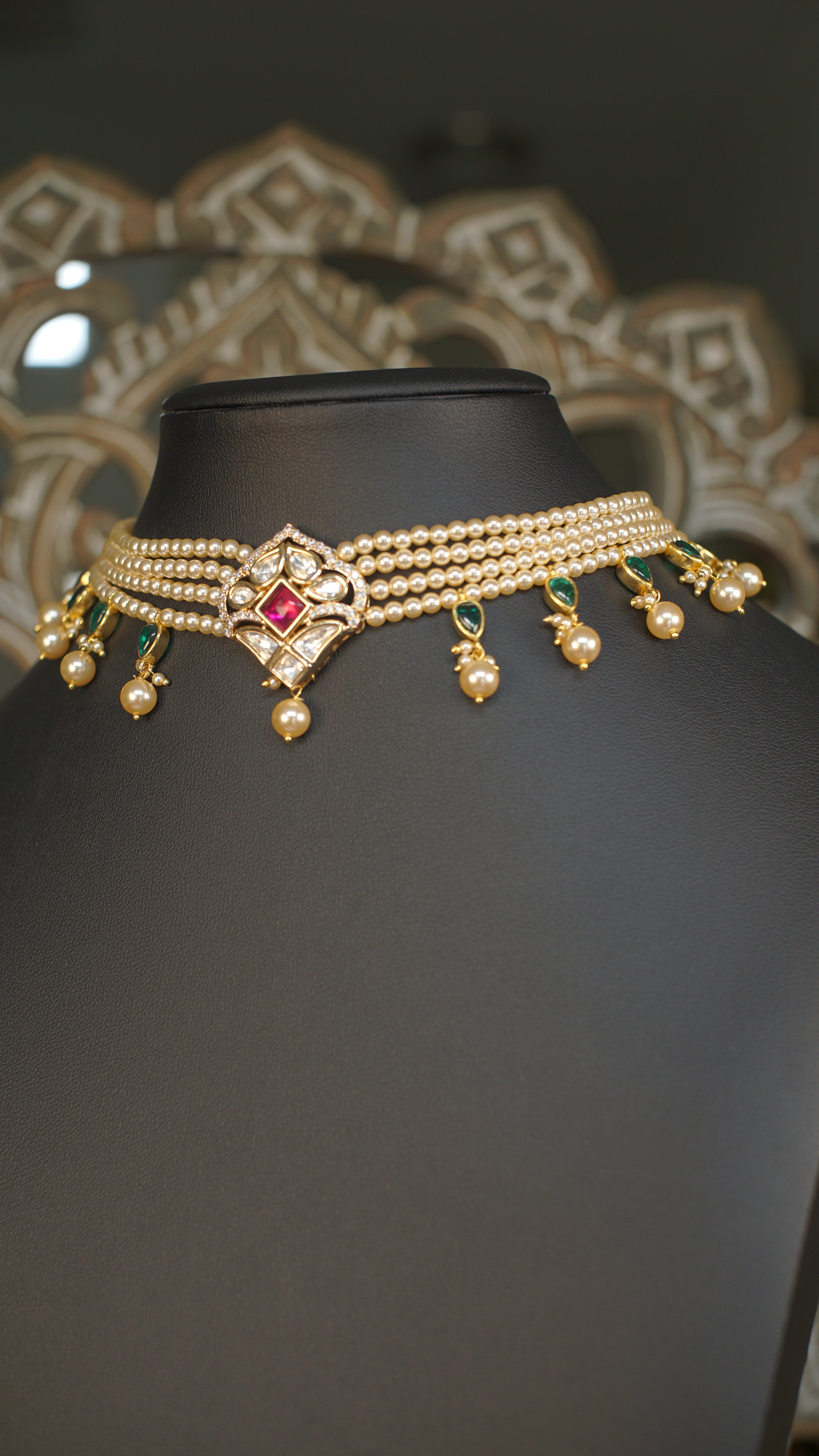 Multi Strand Pearl Polki Choker Necklace