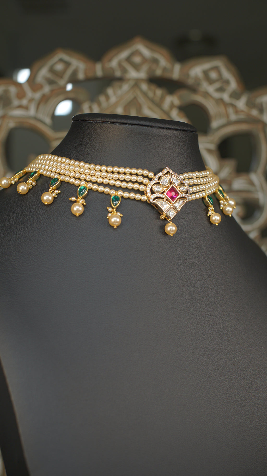 Multi Strand Pearl Polki Choker Necklace