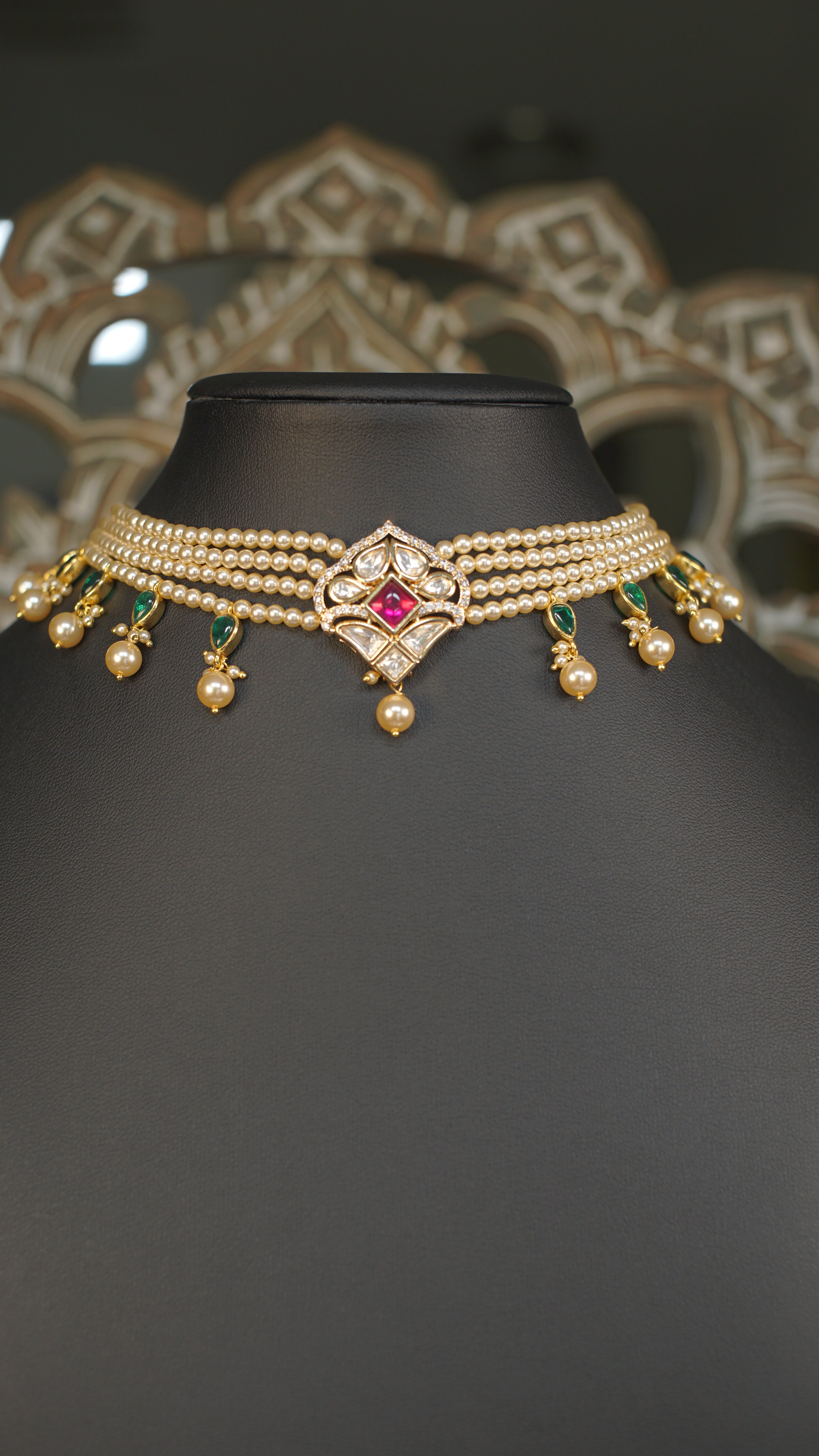Multi Strand Pearl Polki Choker Necklace