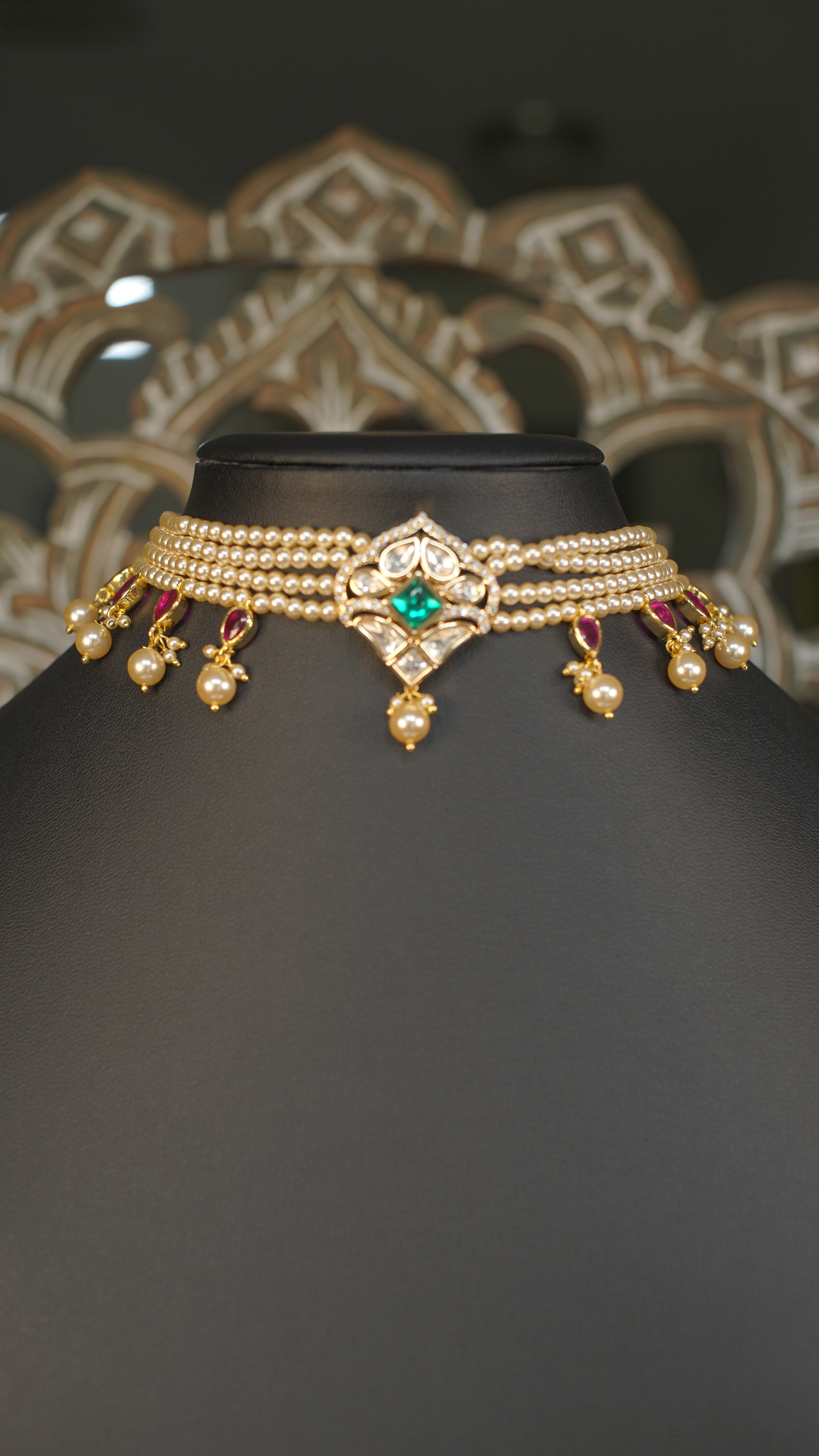 Multi Strand Pearl Polki Choker Necklace